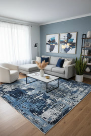 Lacivert ve Beyaz Yoğun Modern Soyut Sanat Halısı