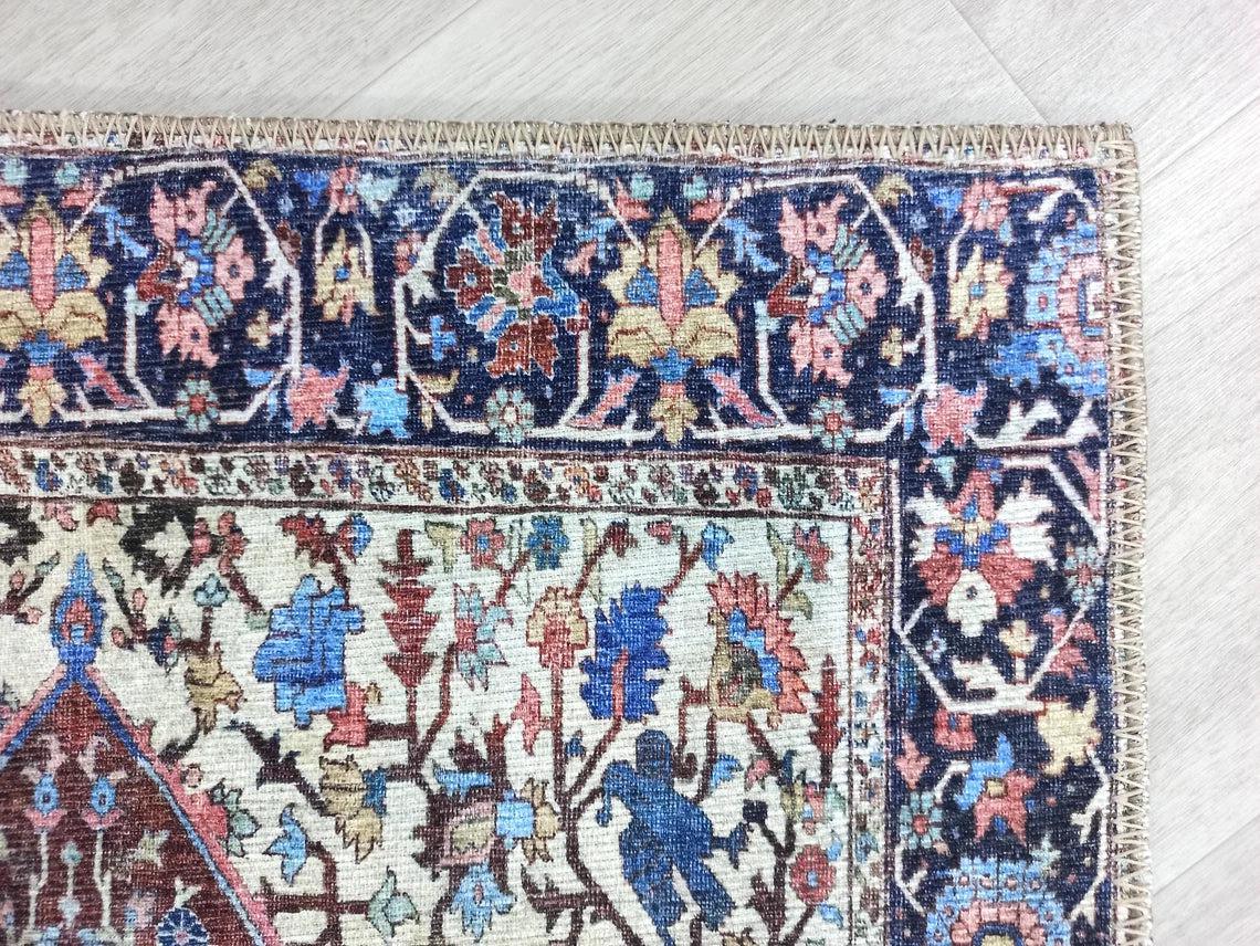 Lacivert ve Kahverengi Madalyon Desenli Vintage Halı
