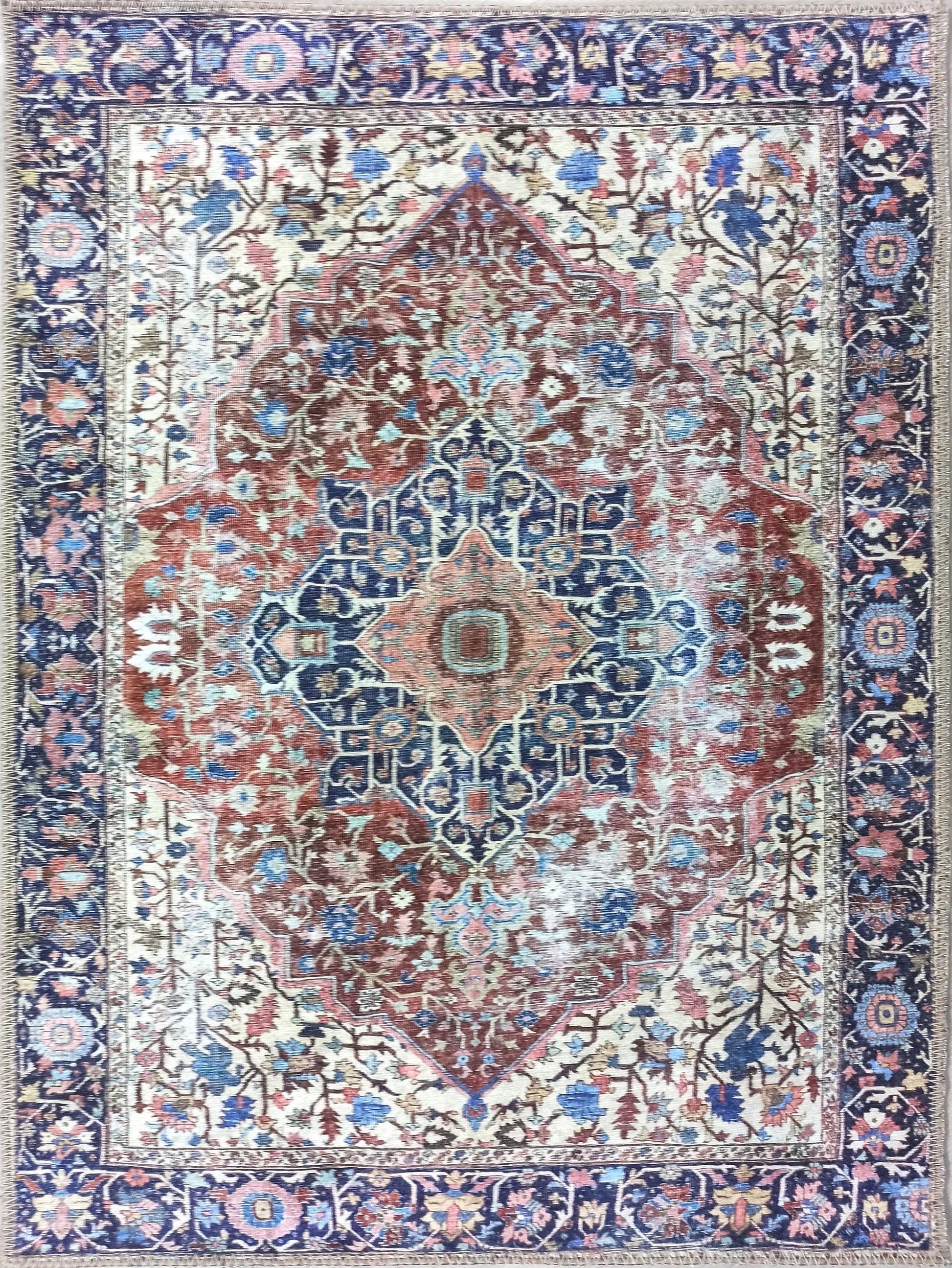 Lacivert ve Kahverengi Madalyon Desenli Vintage Halı