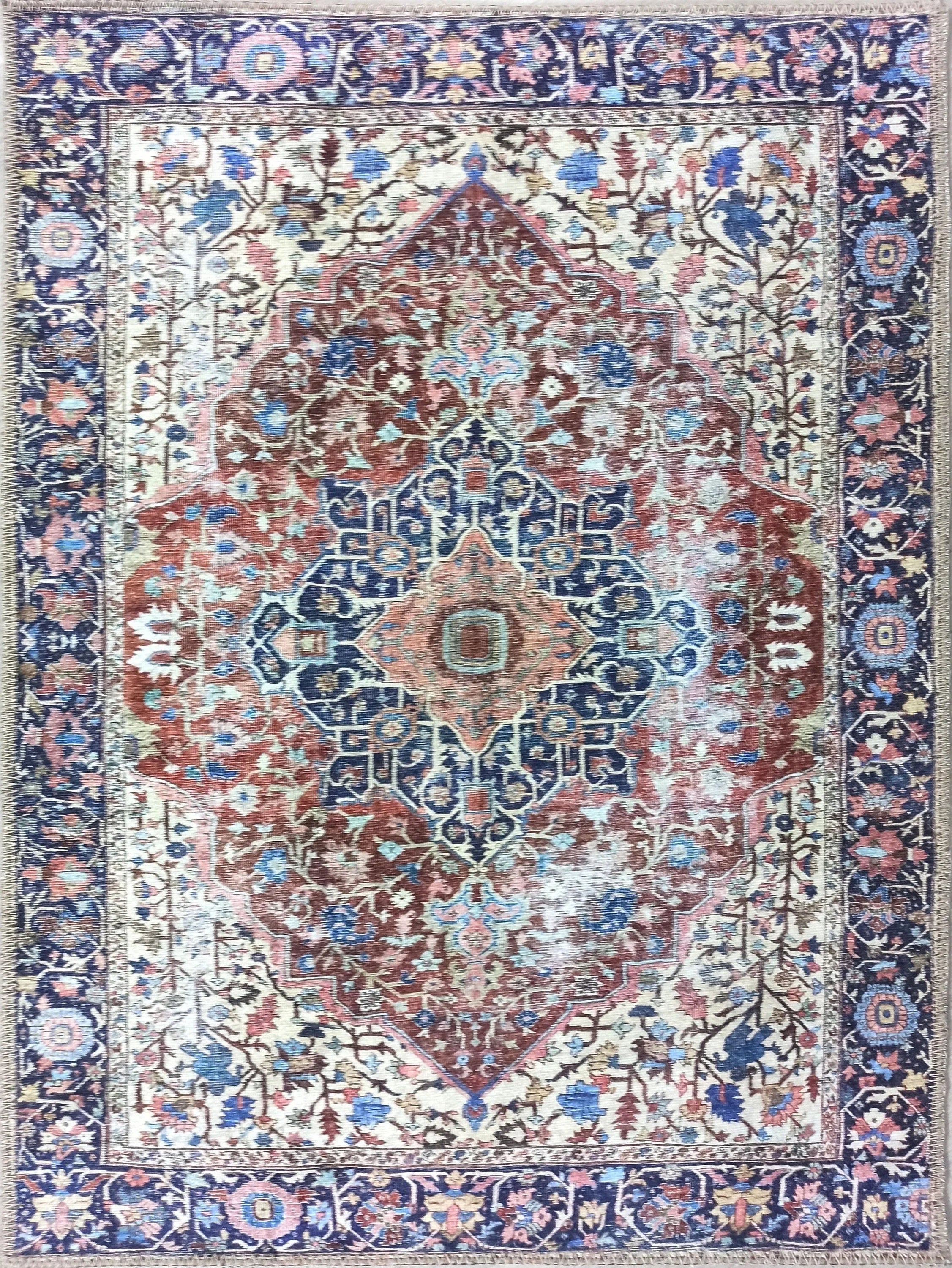 Lacivert ve Kahverengi Madalyon Desenli Vintage Halı