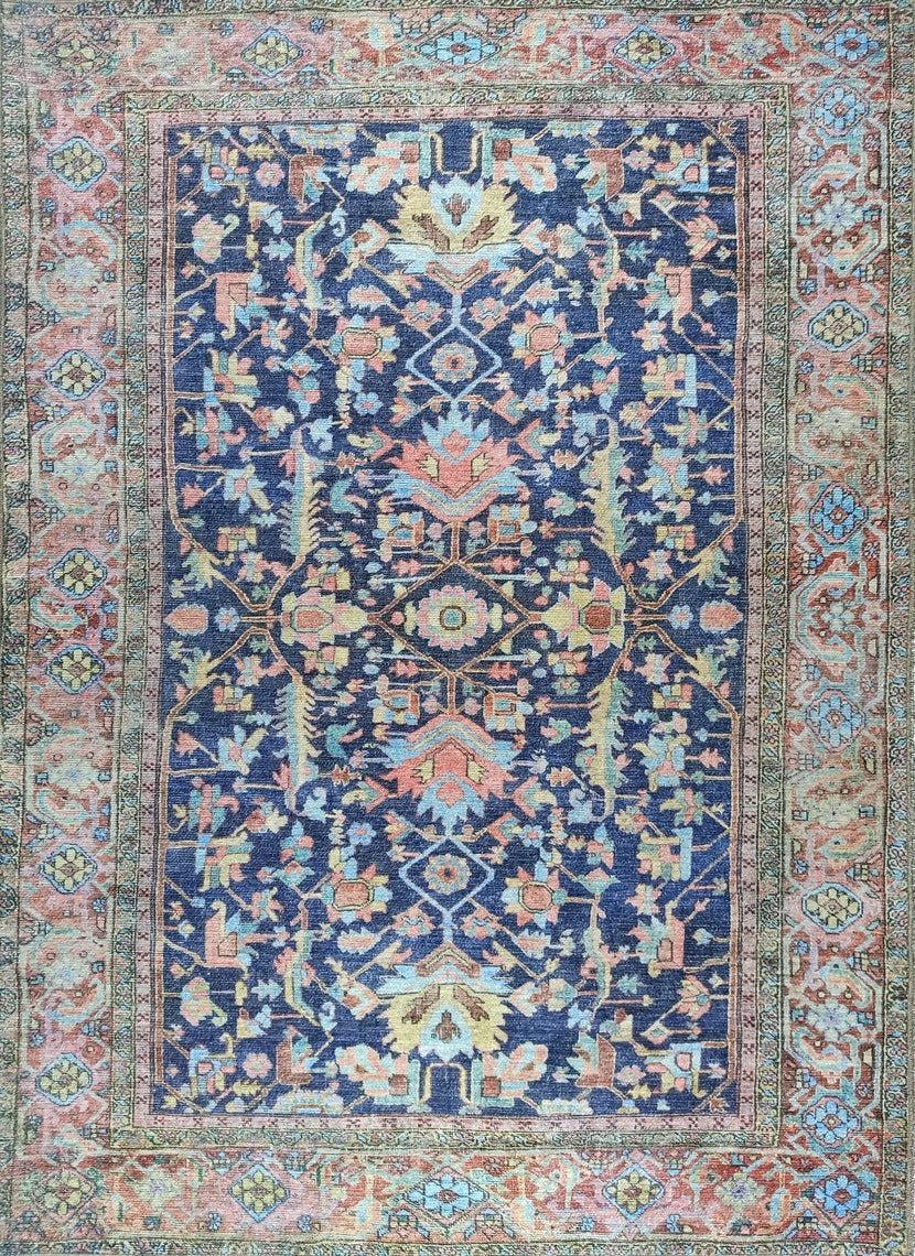 Lacivert ve Somon Çiçekli Vintage Türk Halısı