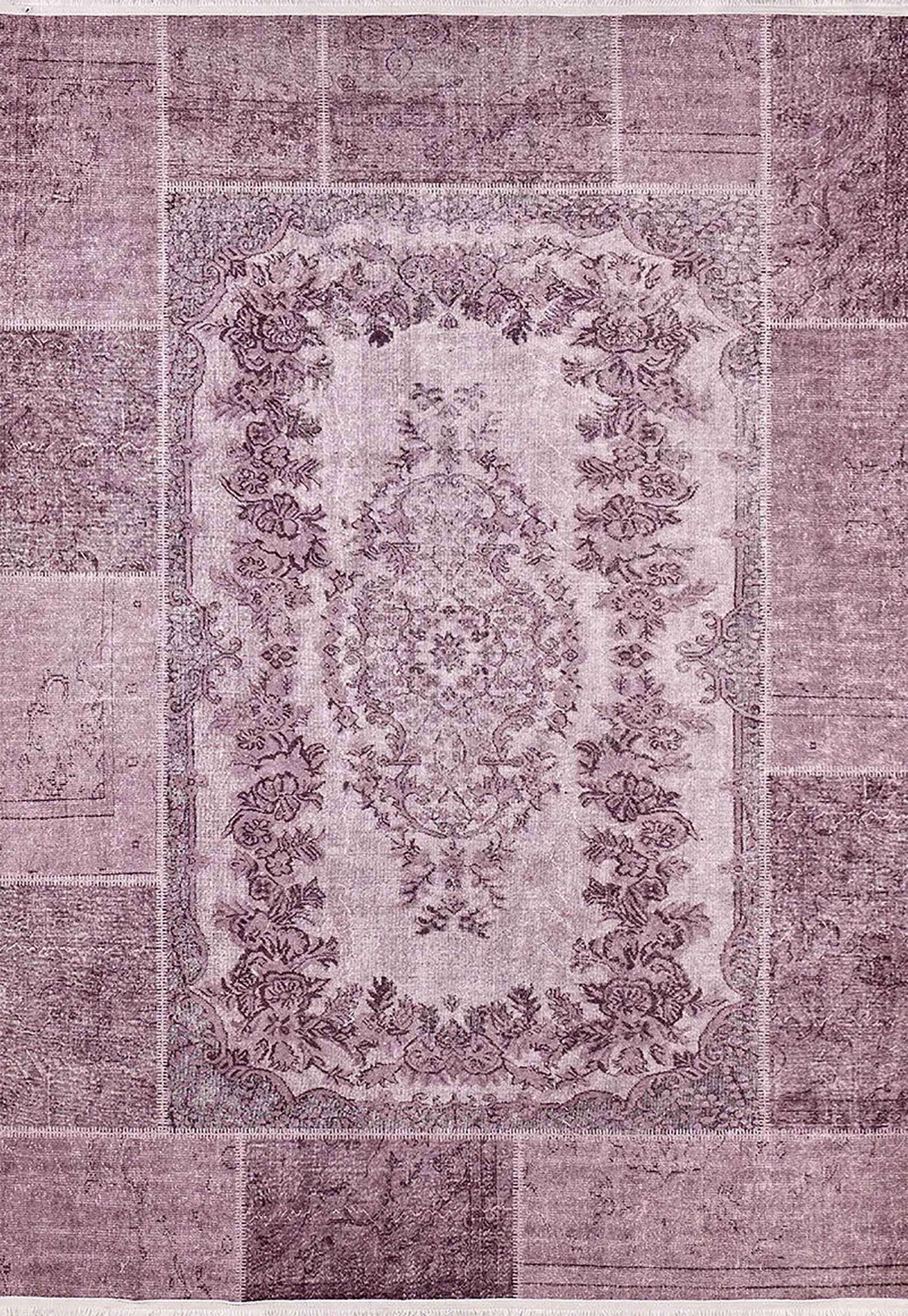 Lila Mor Patchwork Görünümlü Eskitme Çiçekli Vintage Halı