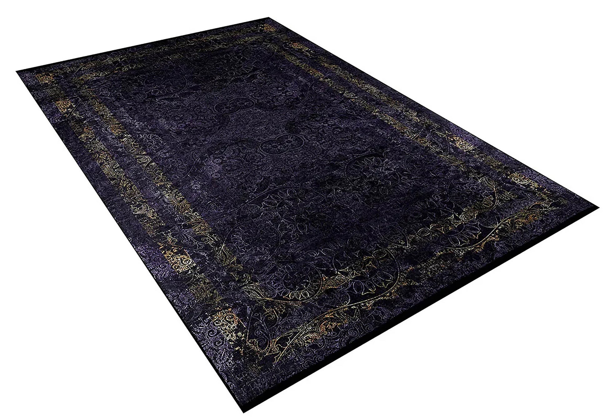 Lüks Mürdüm Damask Desenli Altın Eskitme Detaylı Bordürlü Halı