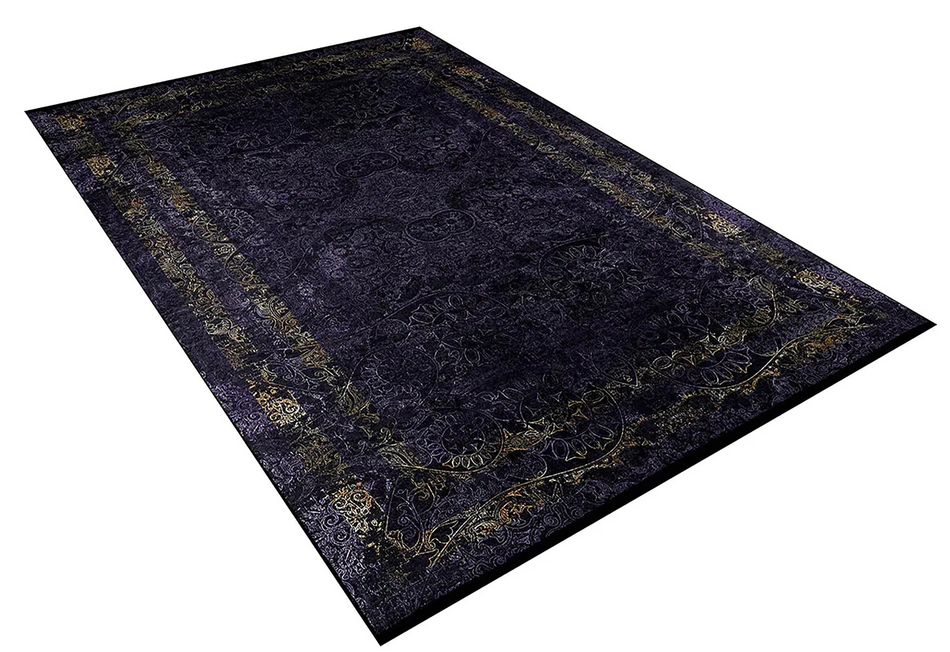 Lüks Mürdüm Damask Desenli Altın Eskitme Detaylı Bordürlü Halı