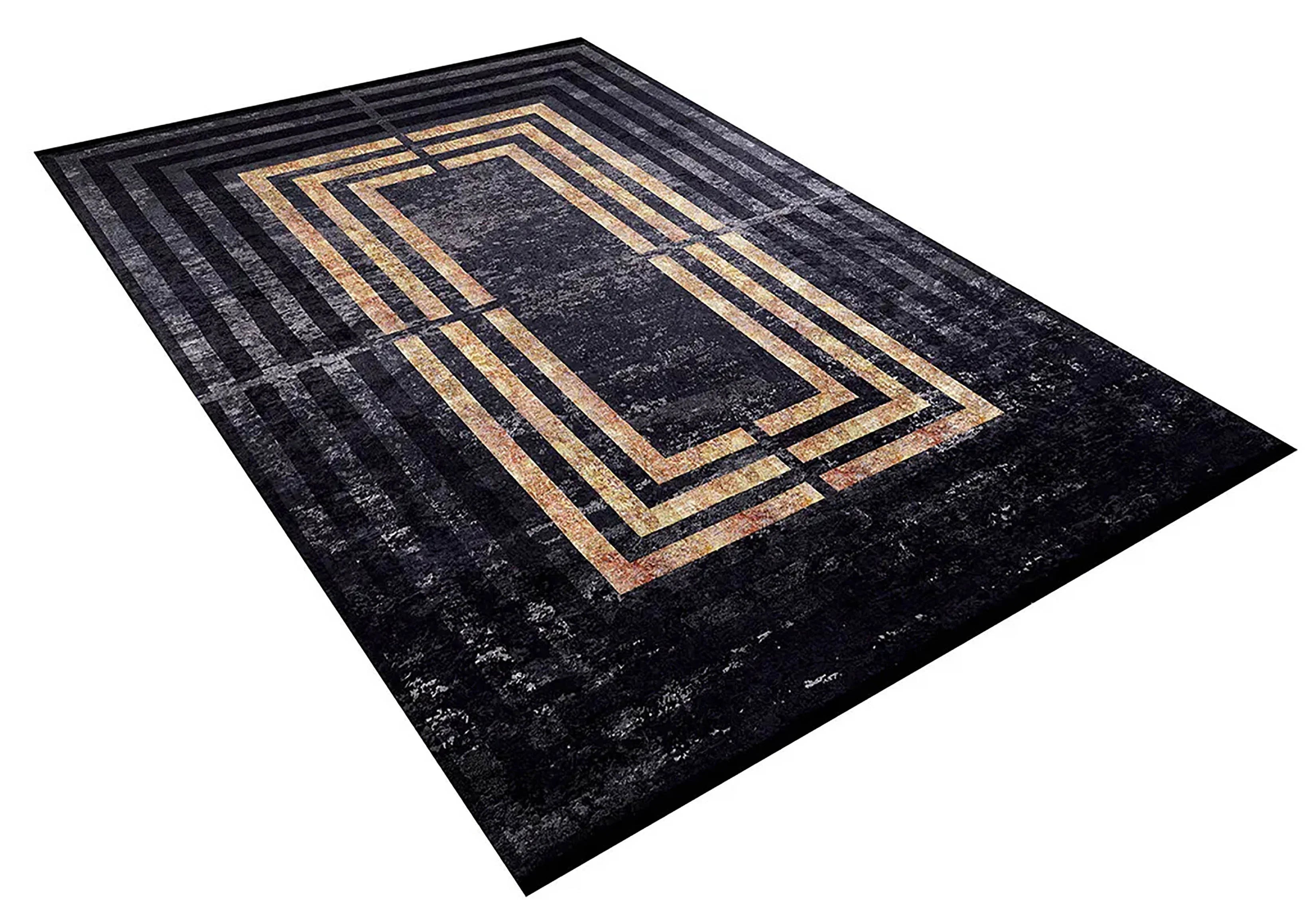 Lüks Siyah Altın Geometrik Çerçeveli Modern Halı