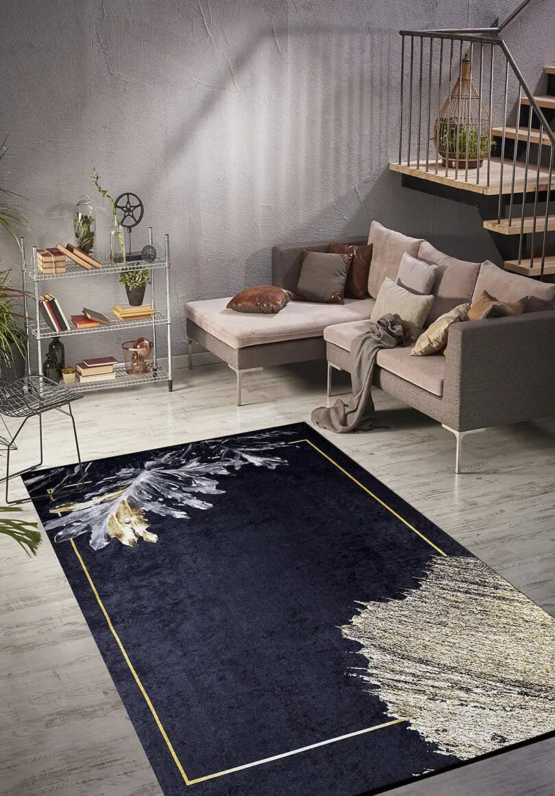 Lüks Siyah Altın Tropikal Yaprak Desenli Modern Halı