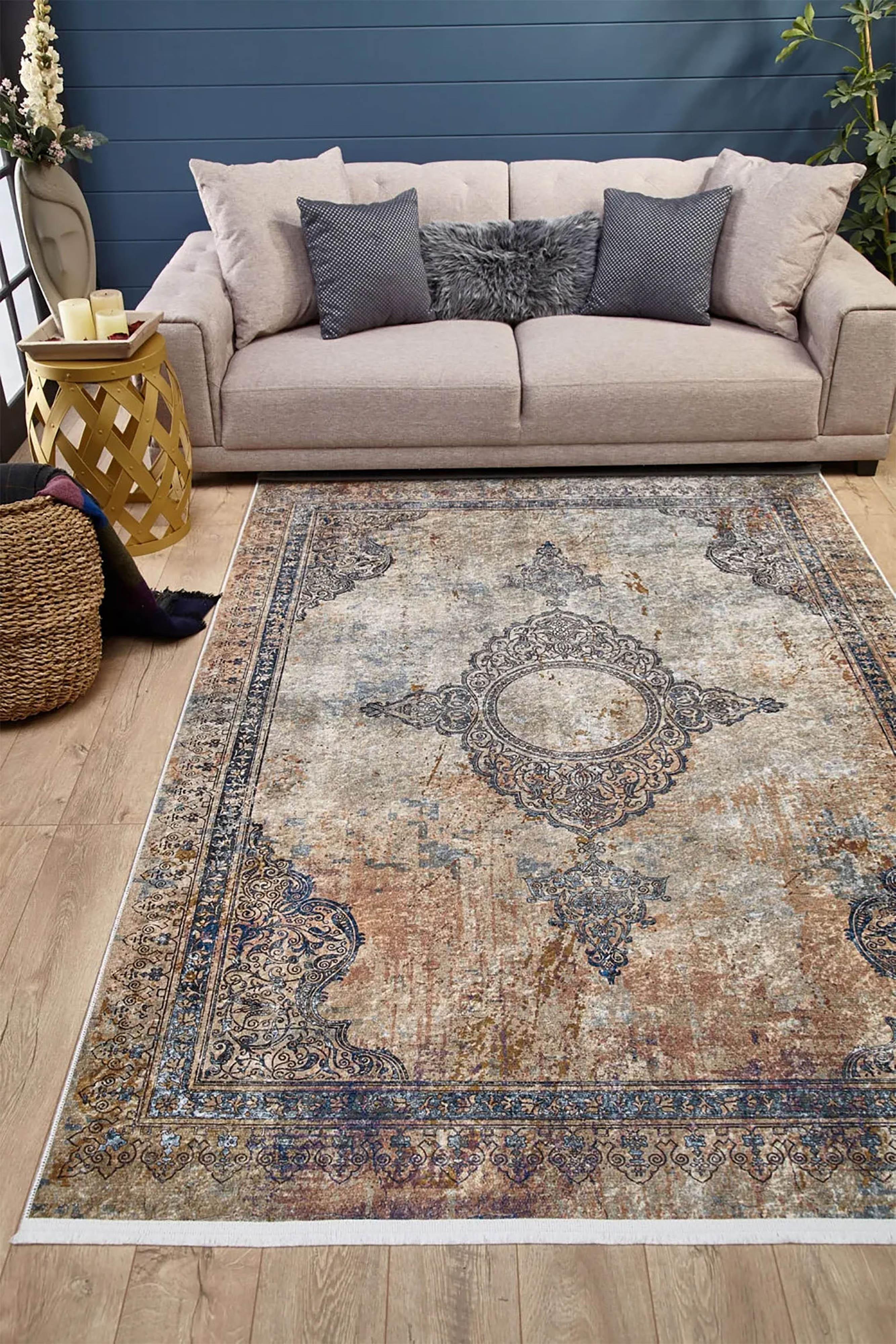 Mavi Bej Klasik Medalyon Vintage Eskitme Desenli Yıkanabilir Halı
