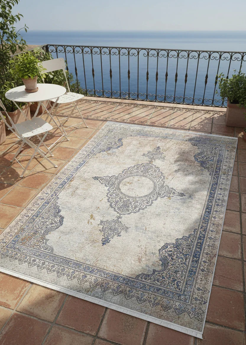 Mavi Bej Klasik Medalyon Vintage Eskitme Desenli Yıkanabilir Halı