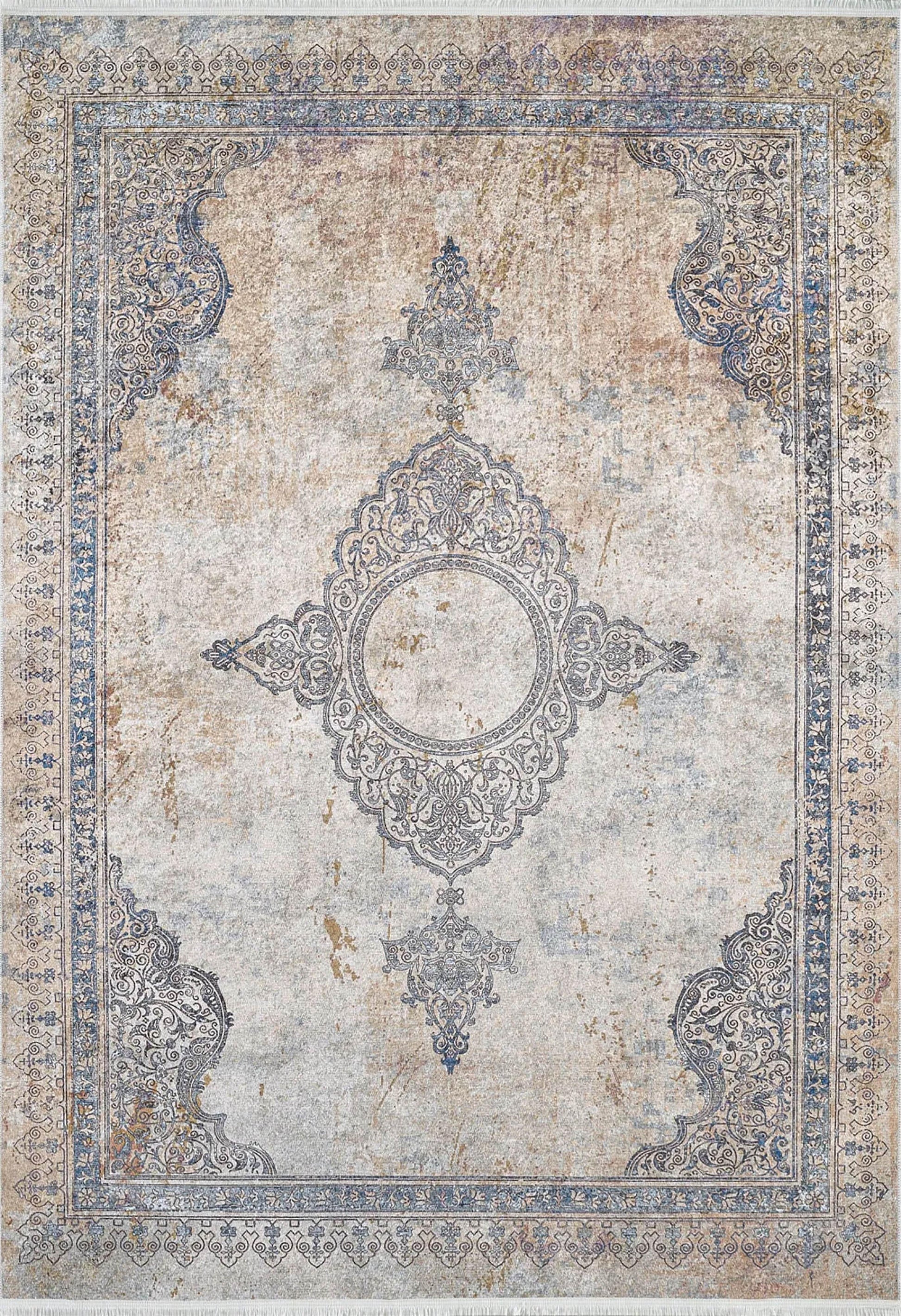 Mavi Bej Klasik Medalyon Vintage Eskitme Desenli Yıkanabilir Halı