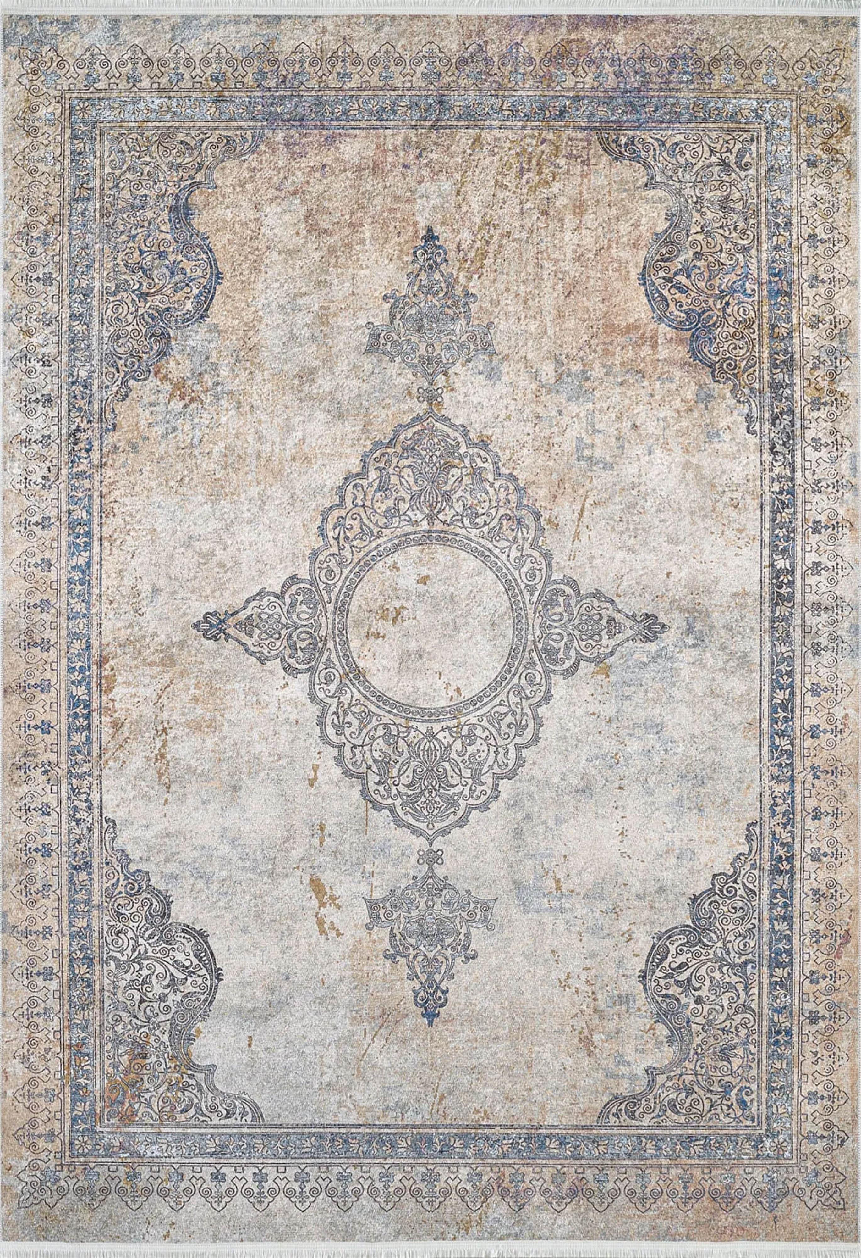Mavi Bej Klasik Medalyon Vintage Eskitme Desenli Yıkanabilir Halı