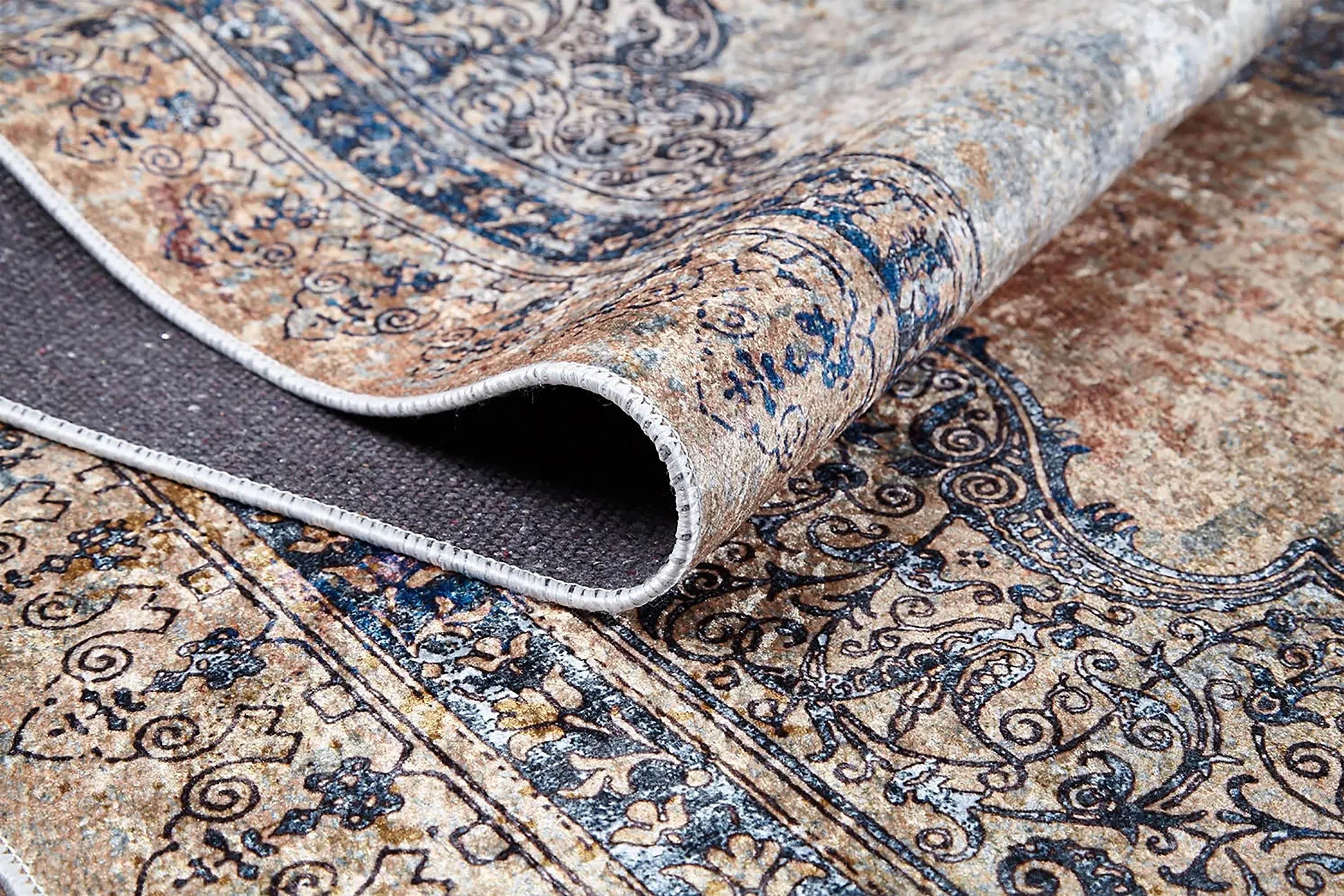 Mavi Bej Klasik Medalyon Vintage Eskitme Desenli Yıkanabilir Halı