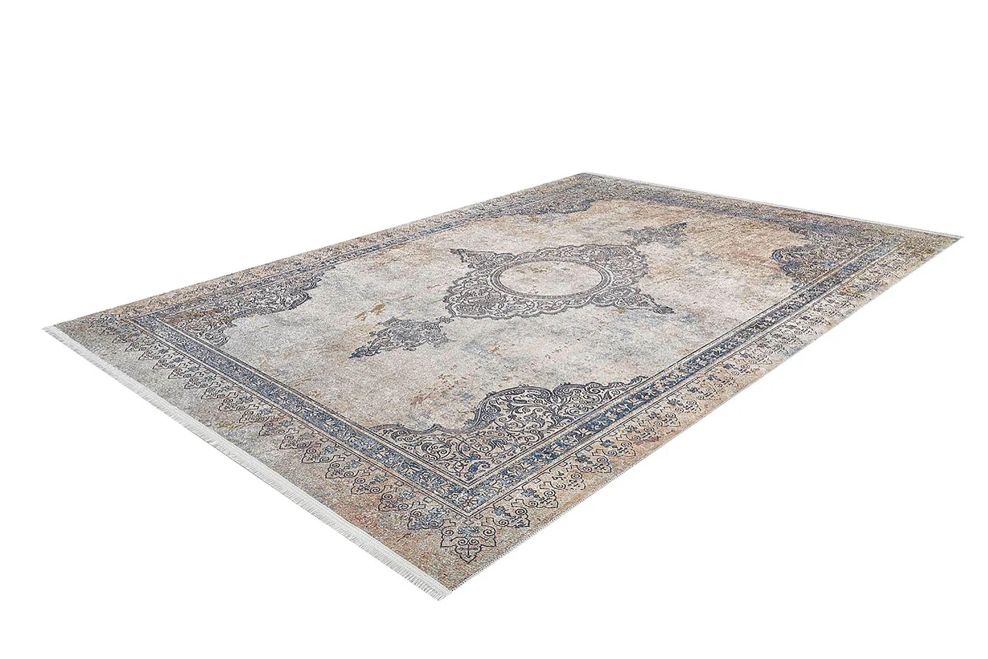 Mavi Bej Klasik Medalyon Vintage Eskitme Desenli Yıkanabilir Halı