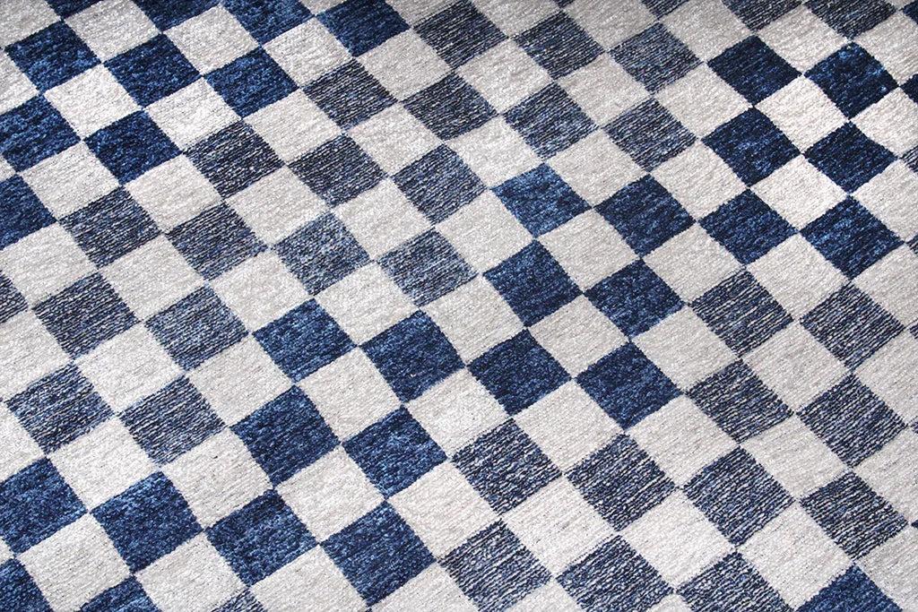 Mavi Beyaz Modern Geometrik Dama Desenli Yıkanabilir Halı