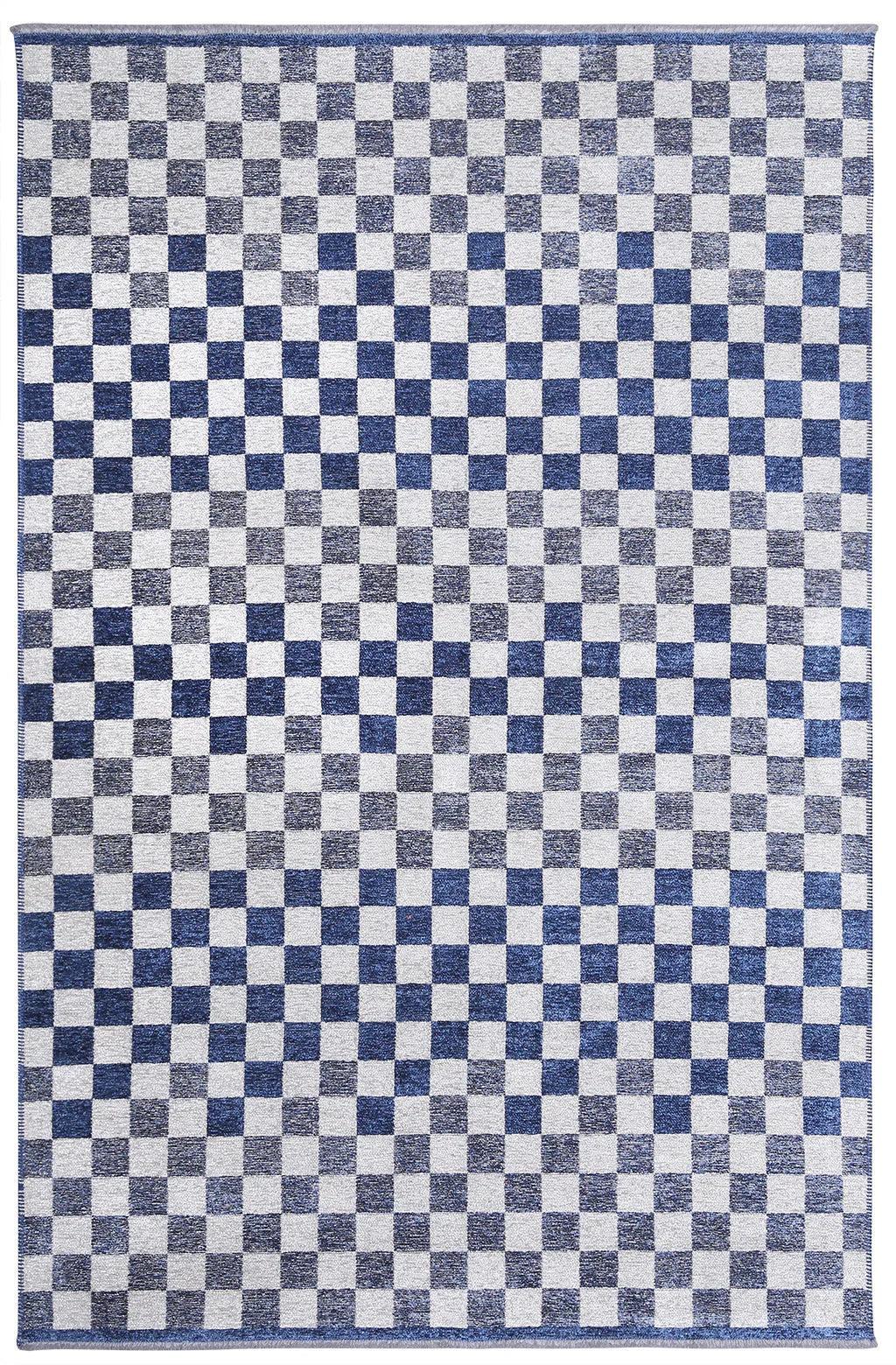 Mavi Beyaz Modern Geometrik Dama Desenli Yıkanabilir Halı