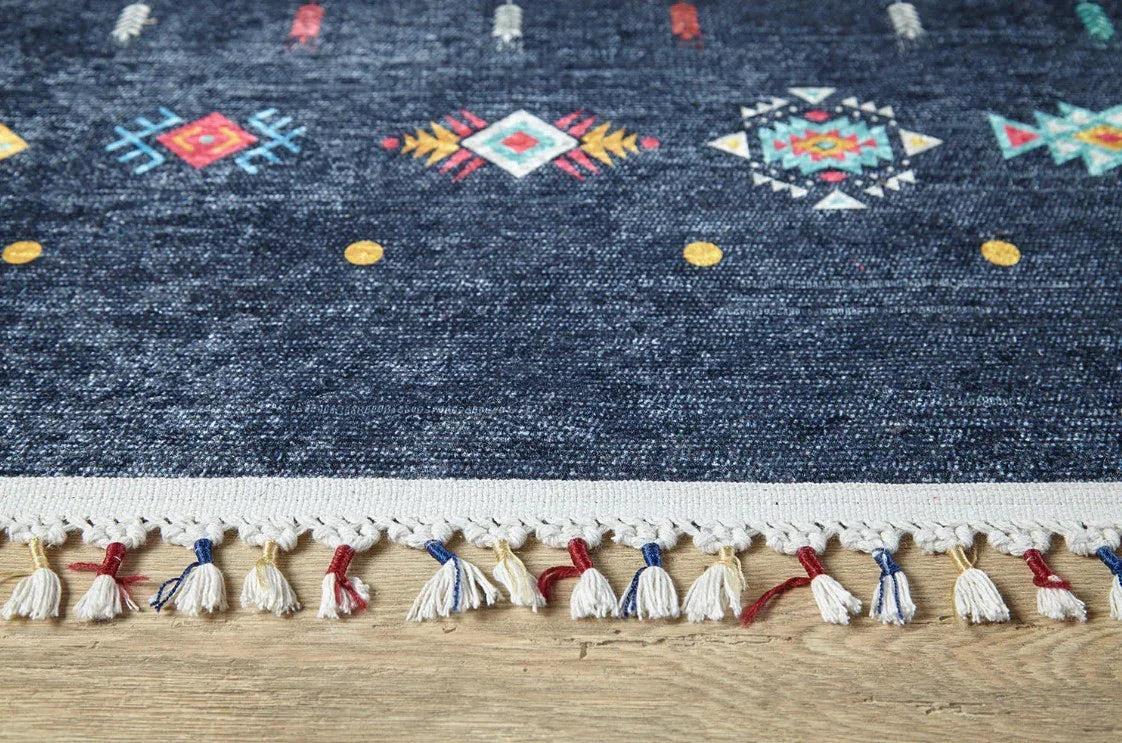 Mavi Çok Renkli Etnik Desenli Modern Kilim Halı