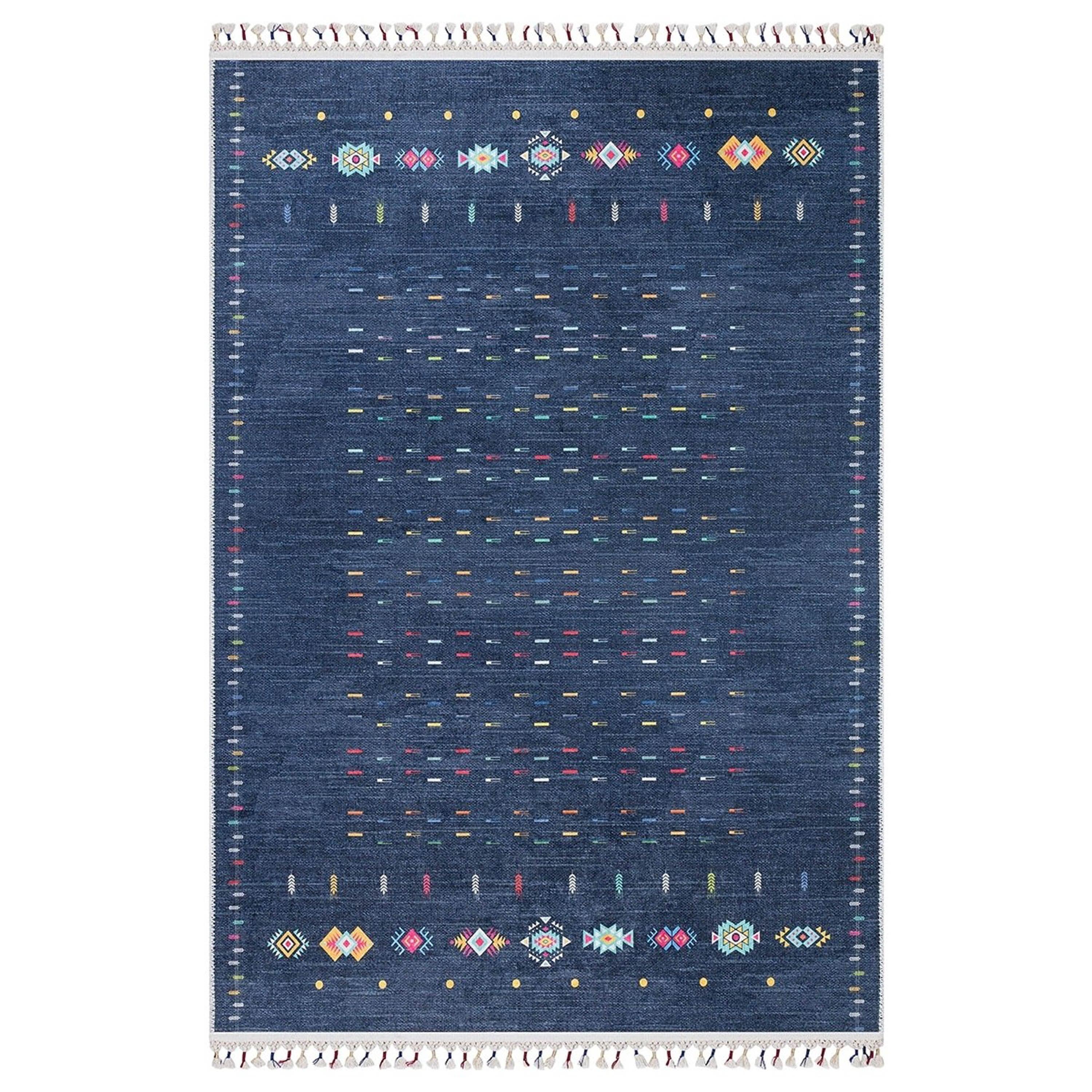 Mavi Çok Renkli Etnik Desenli Modern Kilim Halı
