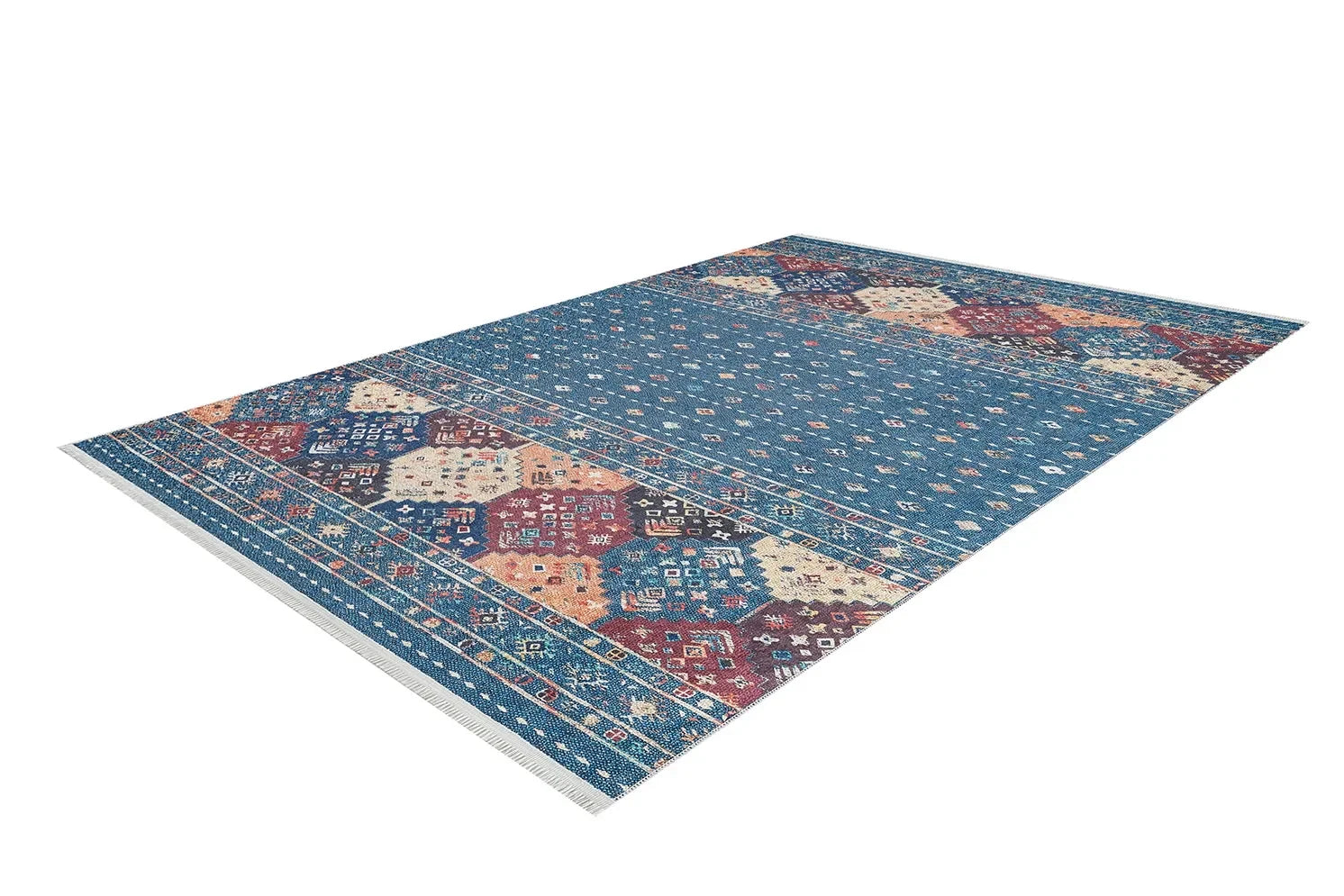 Mavi Etnik Şerit Desenli Modern Halı