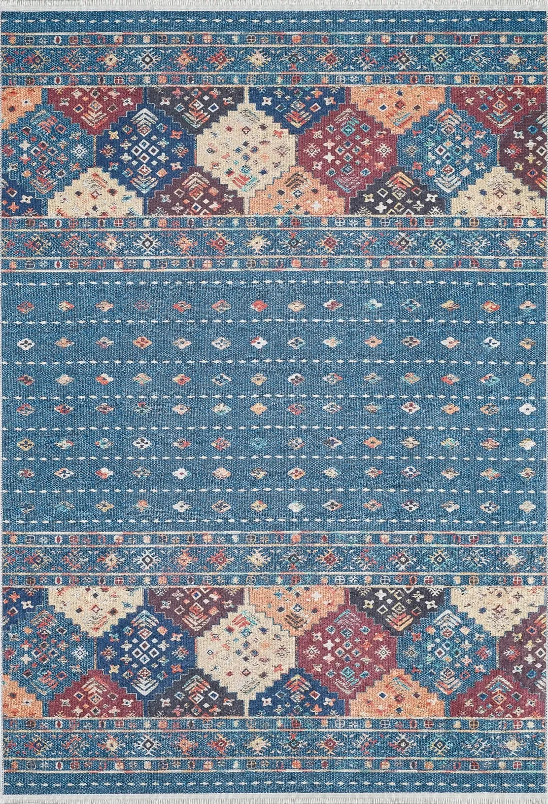 Mavi Etnik Şerit Desenli Modern Halı