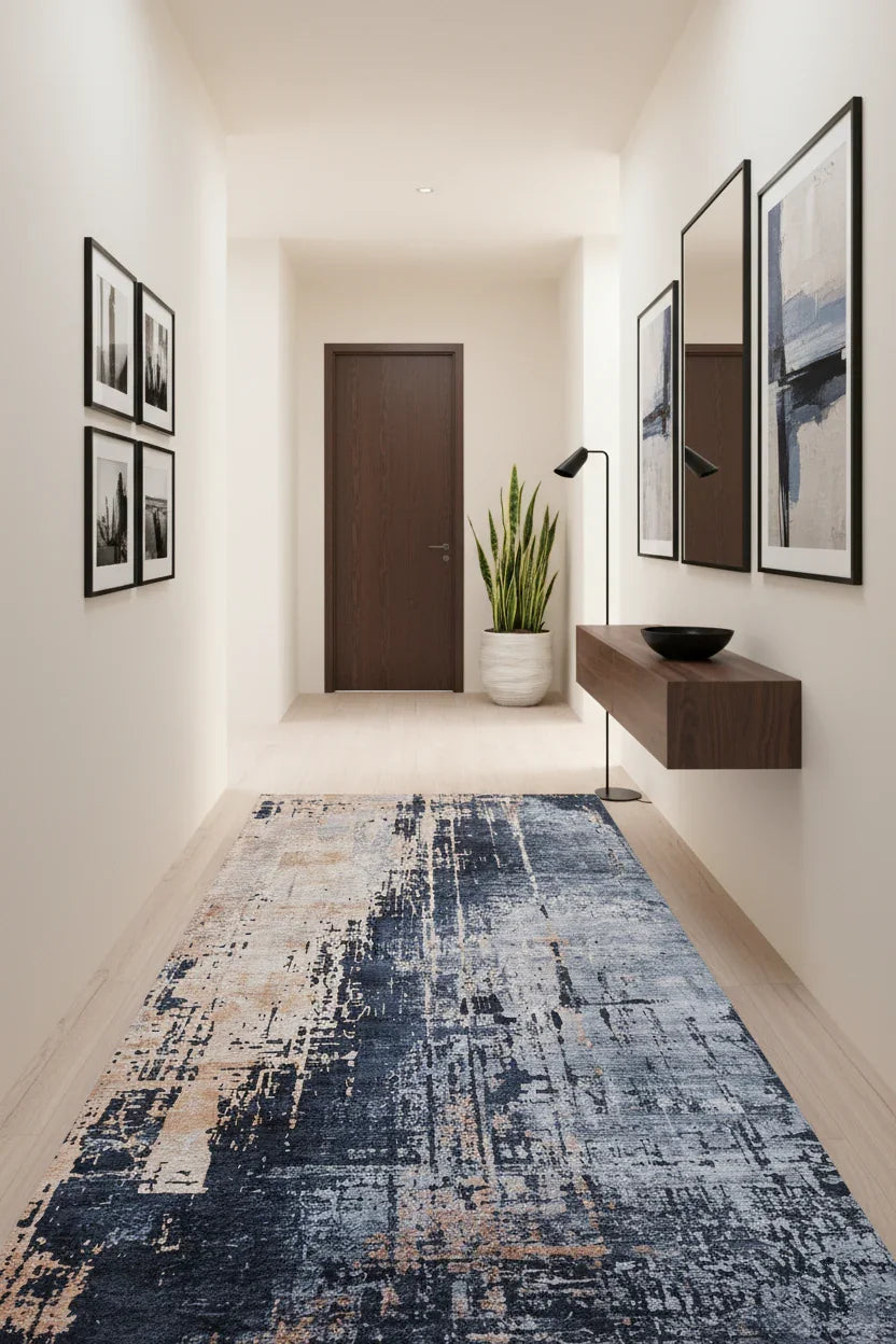 Mavi Füme ve Bej Tonlarında Modern Soyut Sanat Halısı
