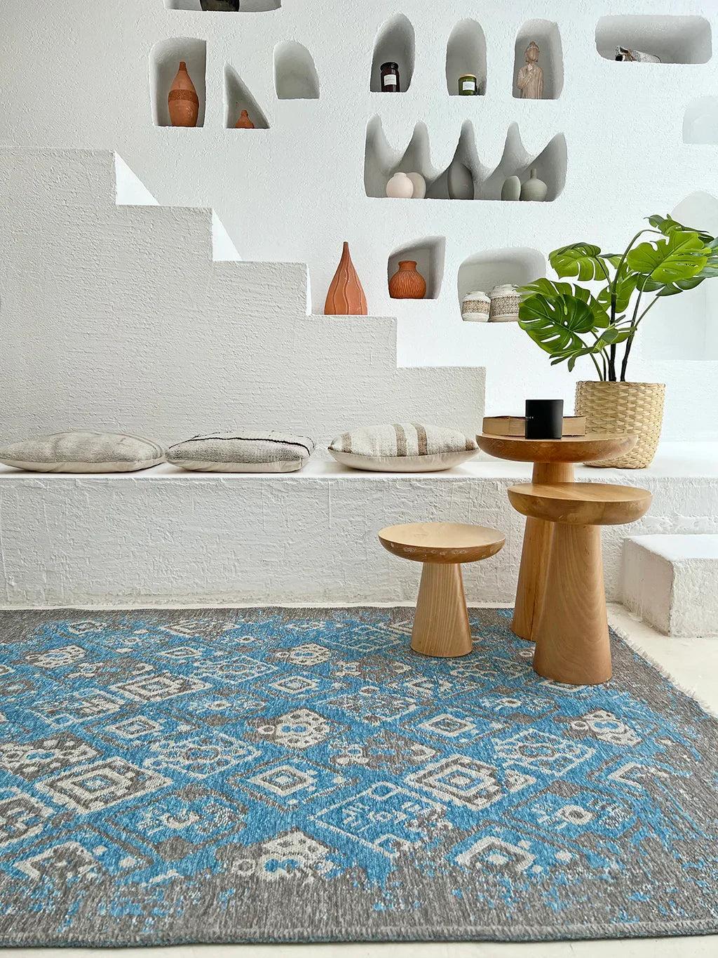 Mavi Gri Çift Taraflı Modern Vintage Yıkanabilir Antibakteriyel Halı