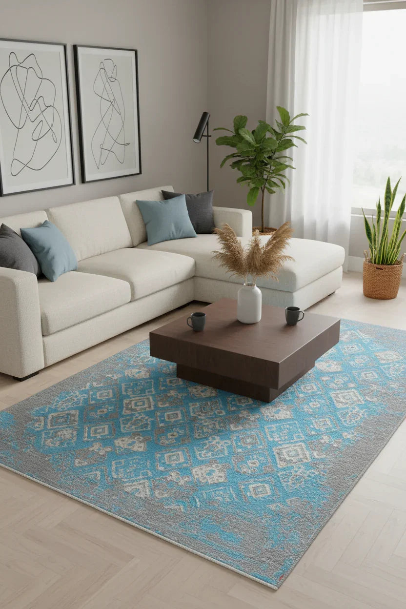 Mavi Gri Çift Taraflı Modern Vintage Yıkanabilir Antibakteriyel Halı