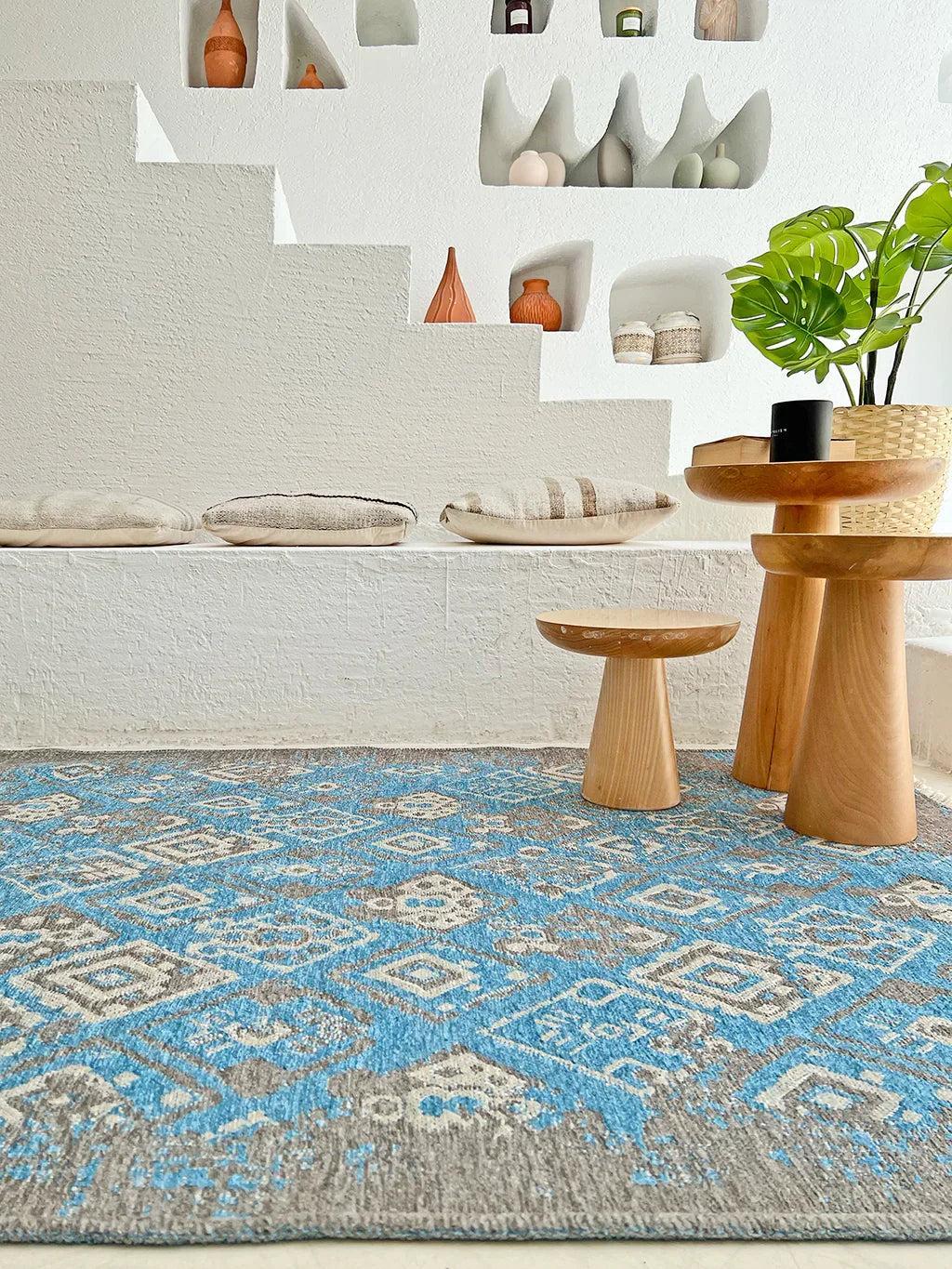 Mavi Gri Çift Taraflı Modern Vintage Yıkanabilir Antibakteriyel Halı