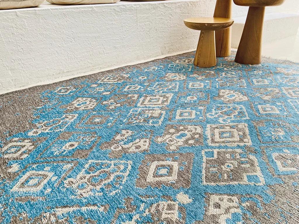 Mavi Gri Çift Taraflı Modern Vintage Yıkanabilir Antibakteriyel Halı