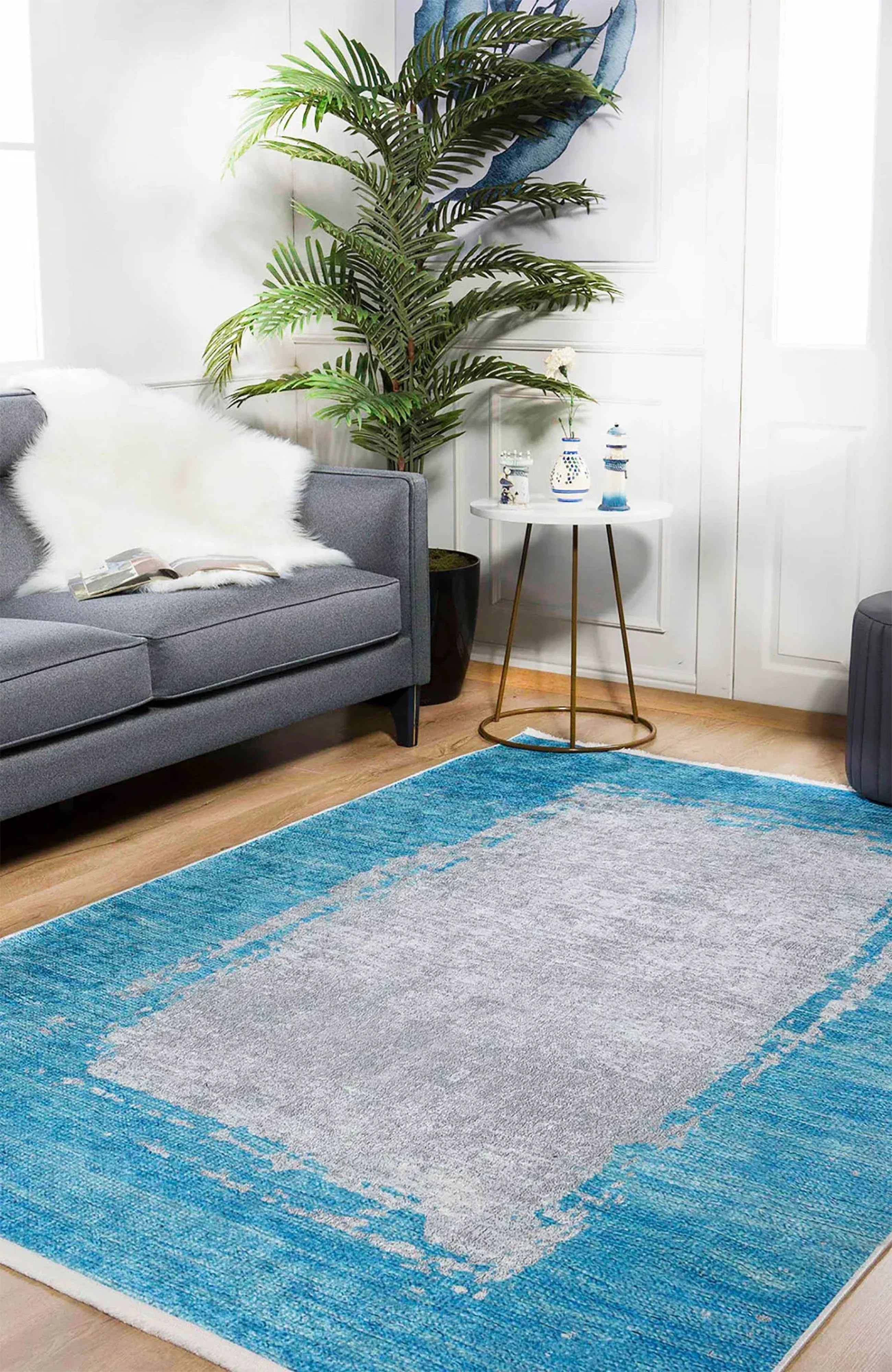 Mavi Gri Eskitme Canlı Turkuaz Soyut Modern Halı