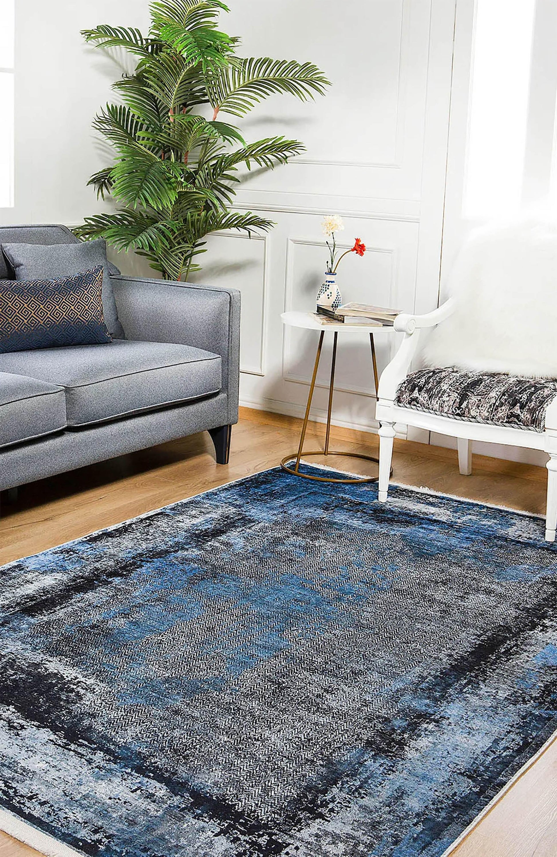 Mavi Gri Eskitme Modern Halı