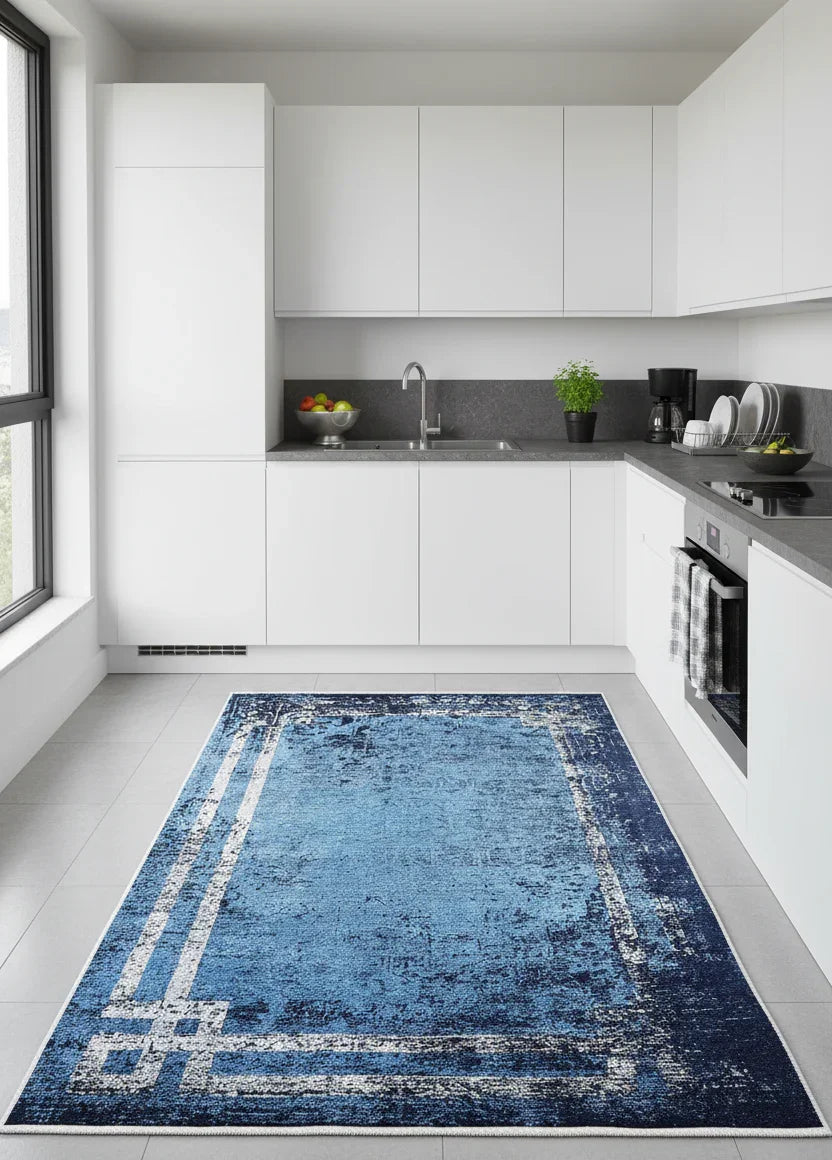 Mavi Lacivert Eskitme Geometrik Bordürlü Modern Halı mutfak
