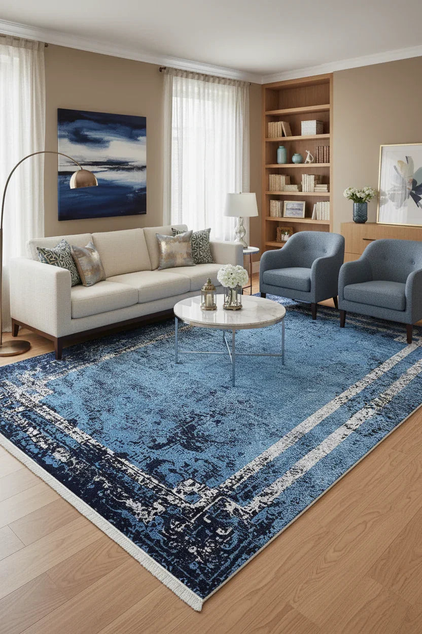 Mavi Lacivert Eskitme Geometrik Bordürlü Modern Halı
