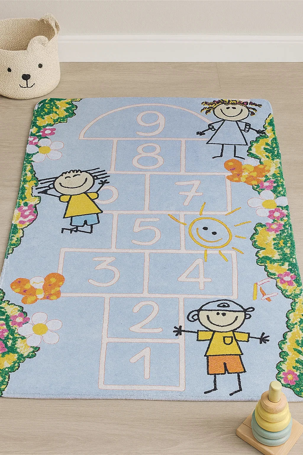Mavi Seksek Desenli Çizgi Karakterli Çocuk Halısı