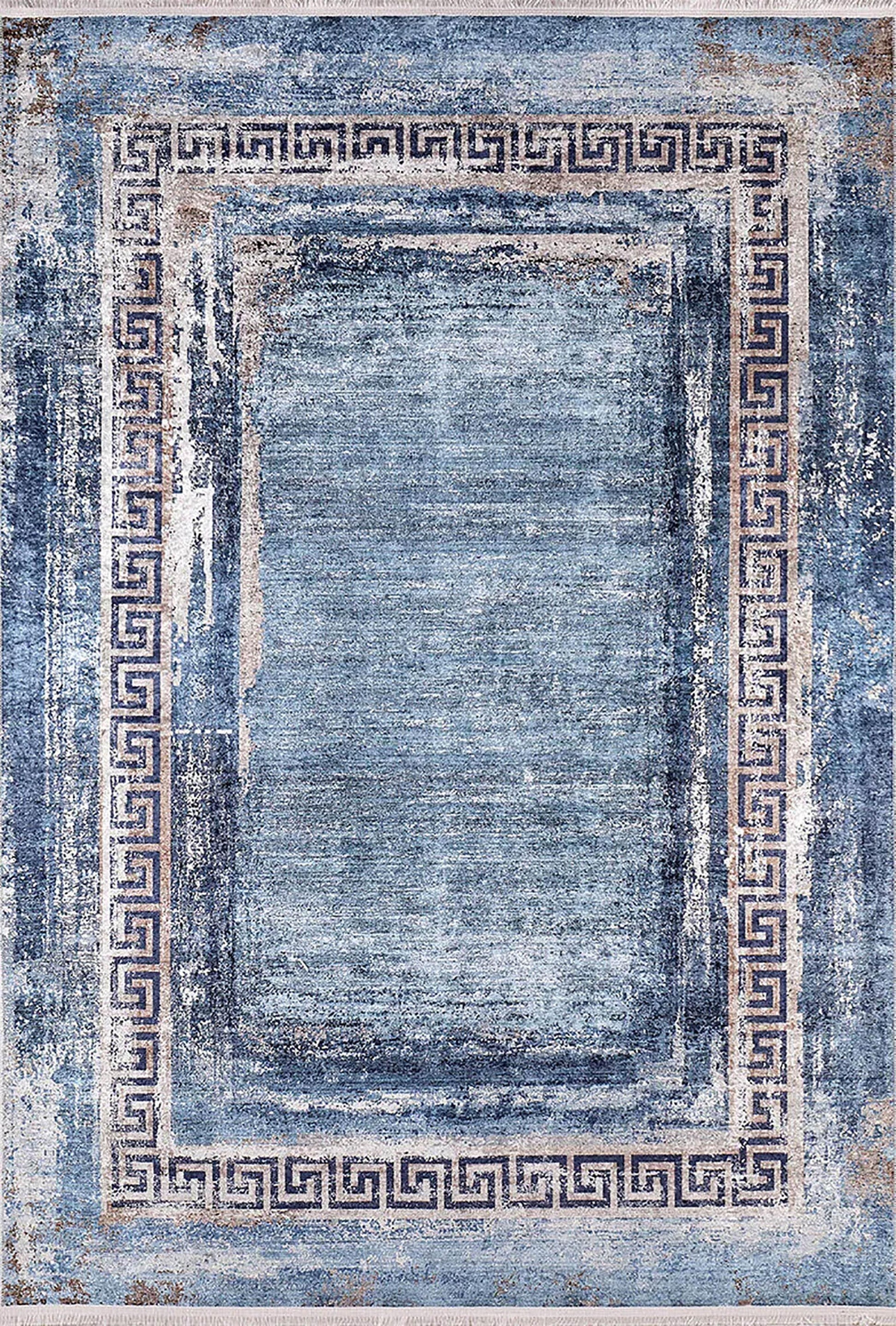 Mavi Yunan Anahtar Desenli Çerçeve Halı