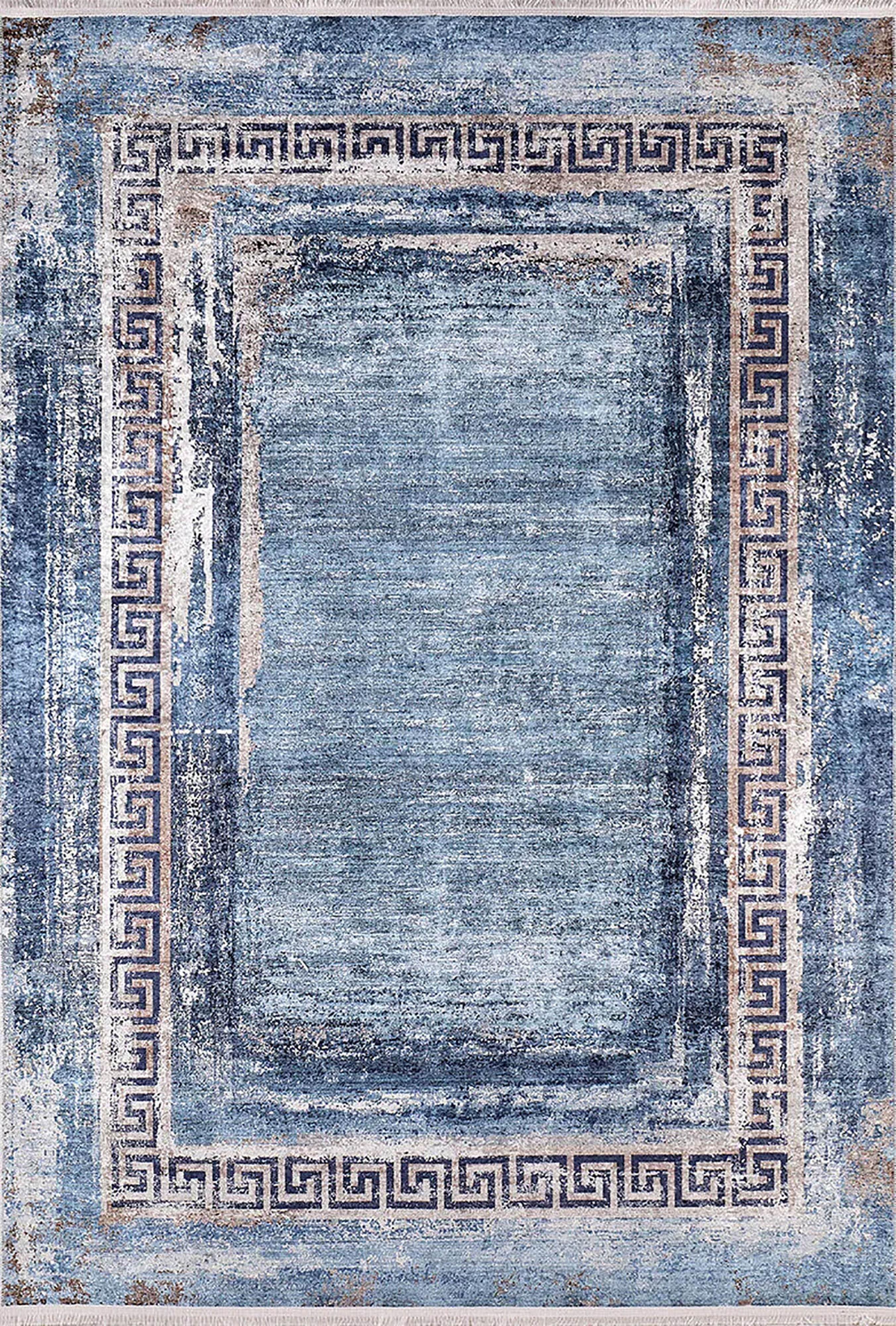 Mavi Yunan Anahtar Desenli Çerçeve Halı