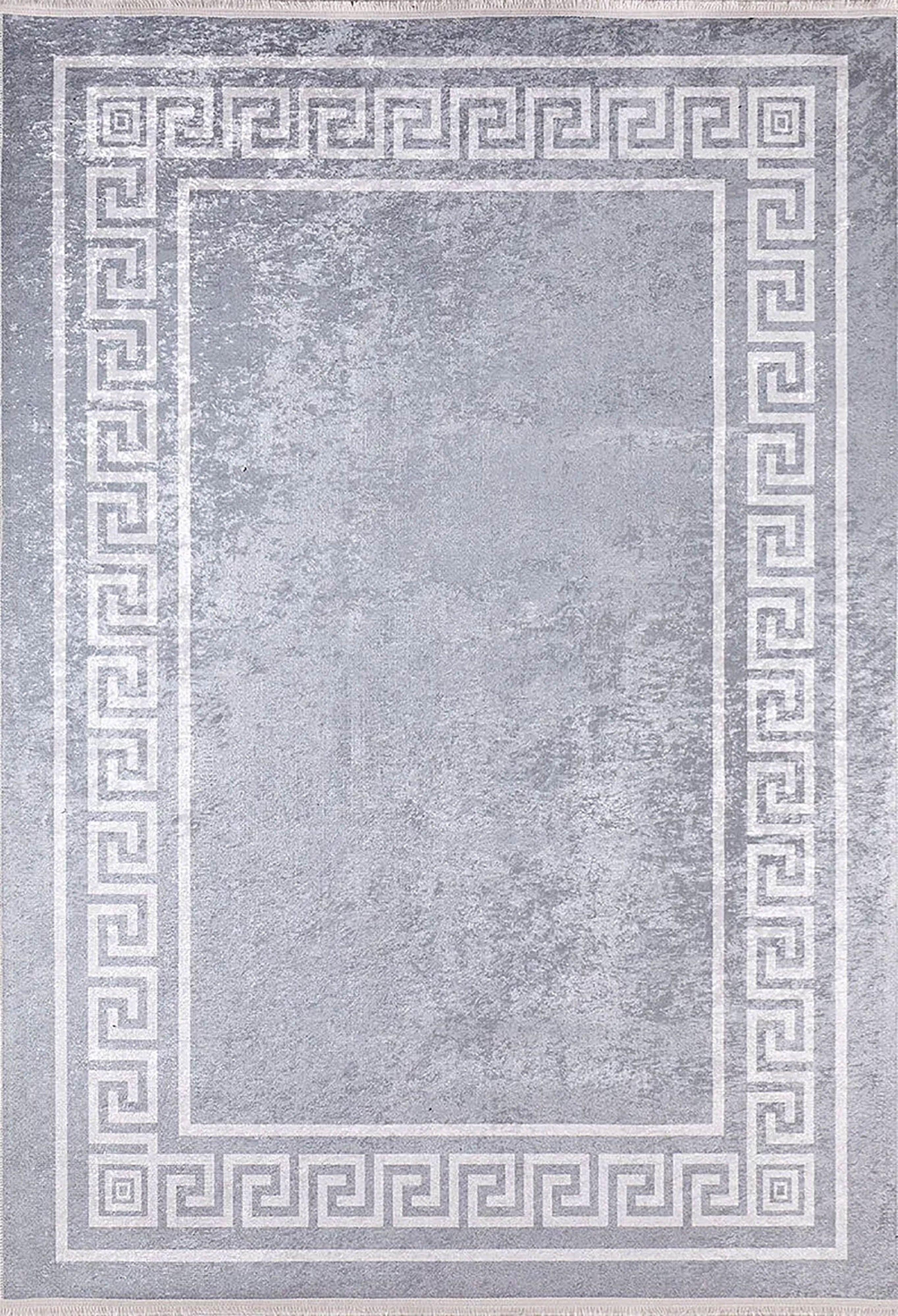 Mermer Desenli Gri Altın Geometrik Bordürlü Halı