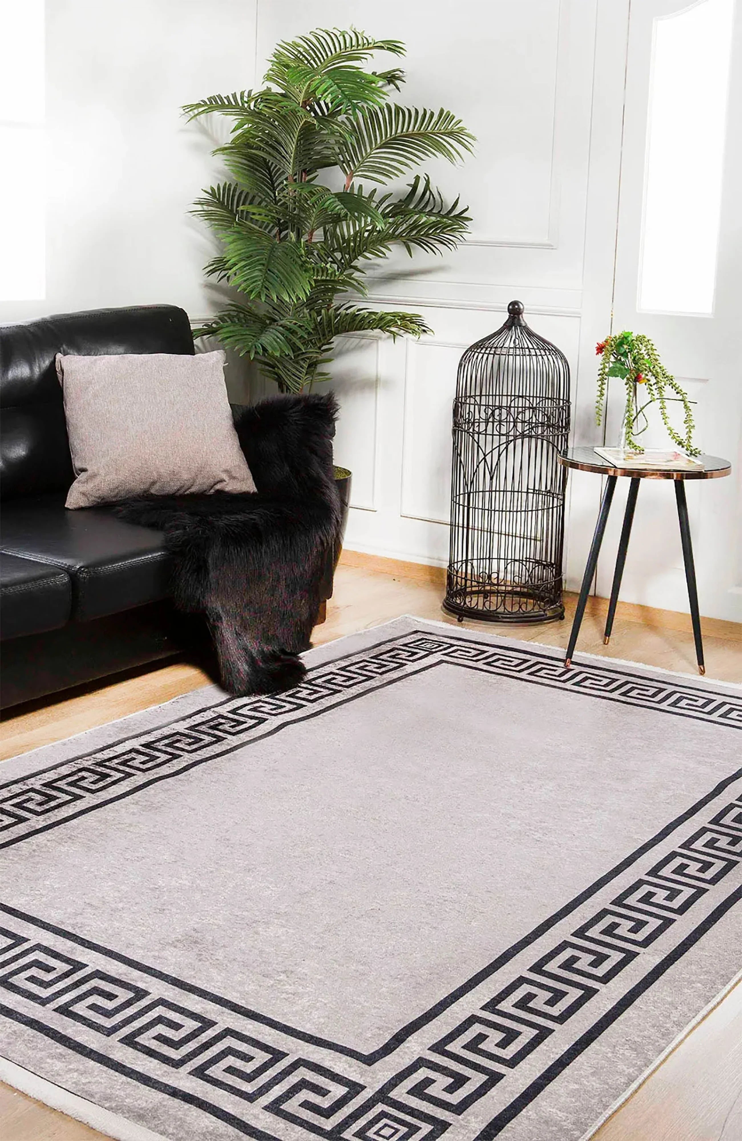 Mermer Desenli Kahverengi Geometrik Bordürlü Halı