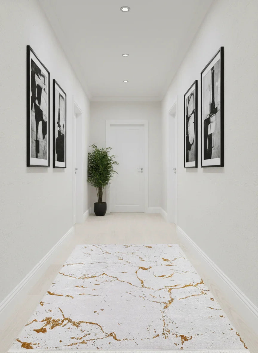 Mermer Desenli Krem Altın Modern Halı