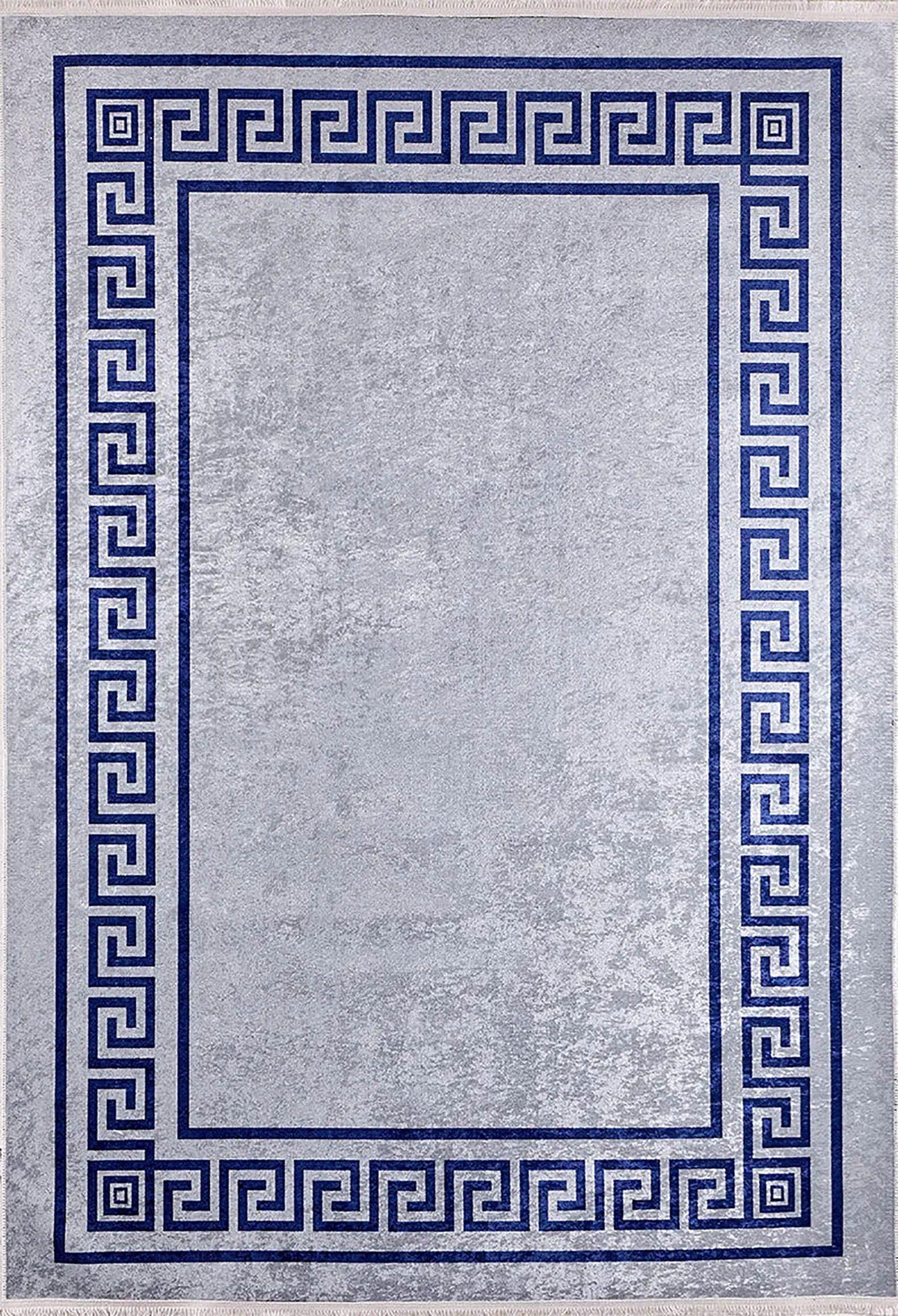 Mermer Desenli Mavi Gri Geometrik Bordürlü Halı