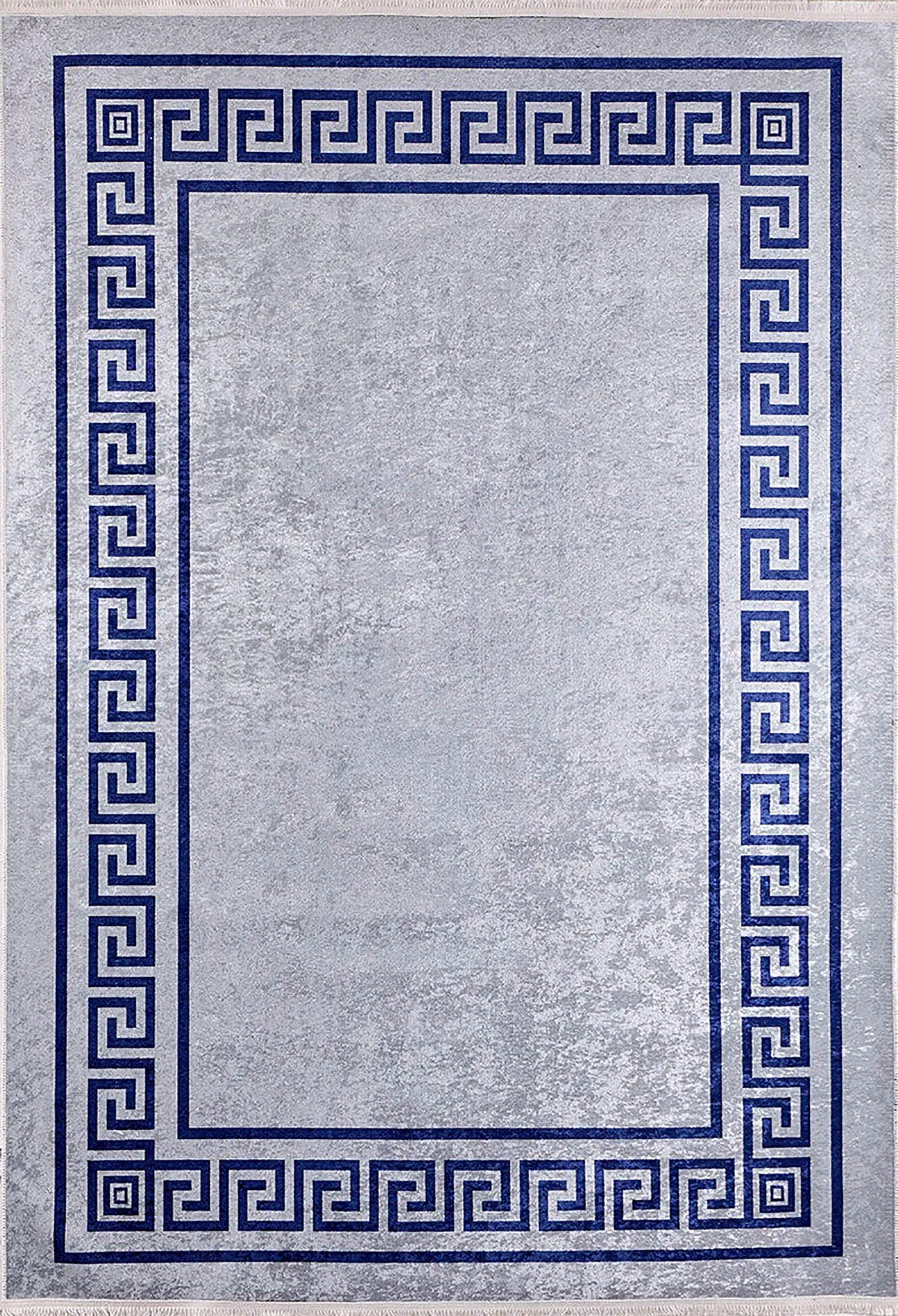 Mermer Desenli Mavi Gri Geometrik Bordürlü Halı
