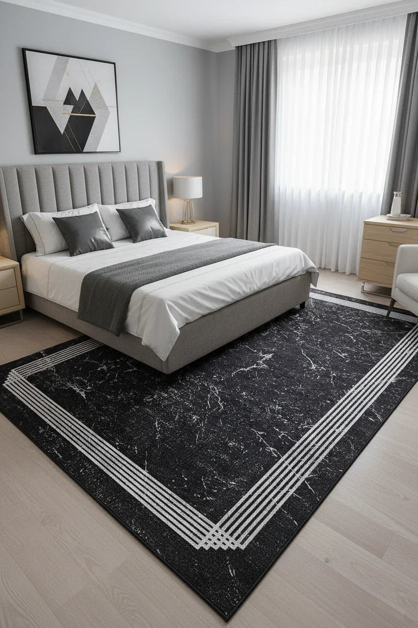 Mermer Desenli Modern Siyah Halı