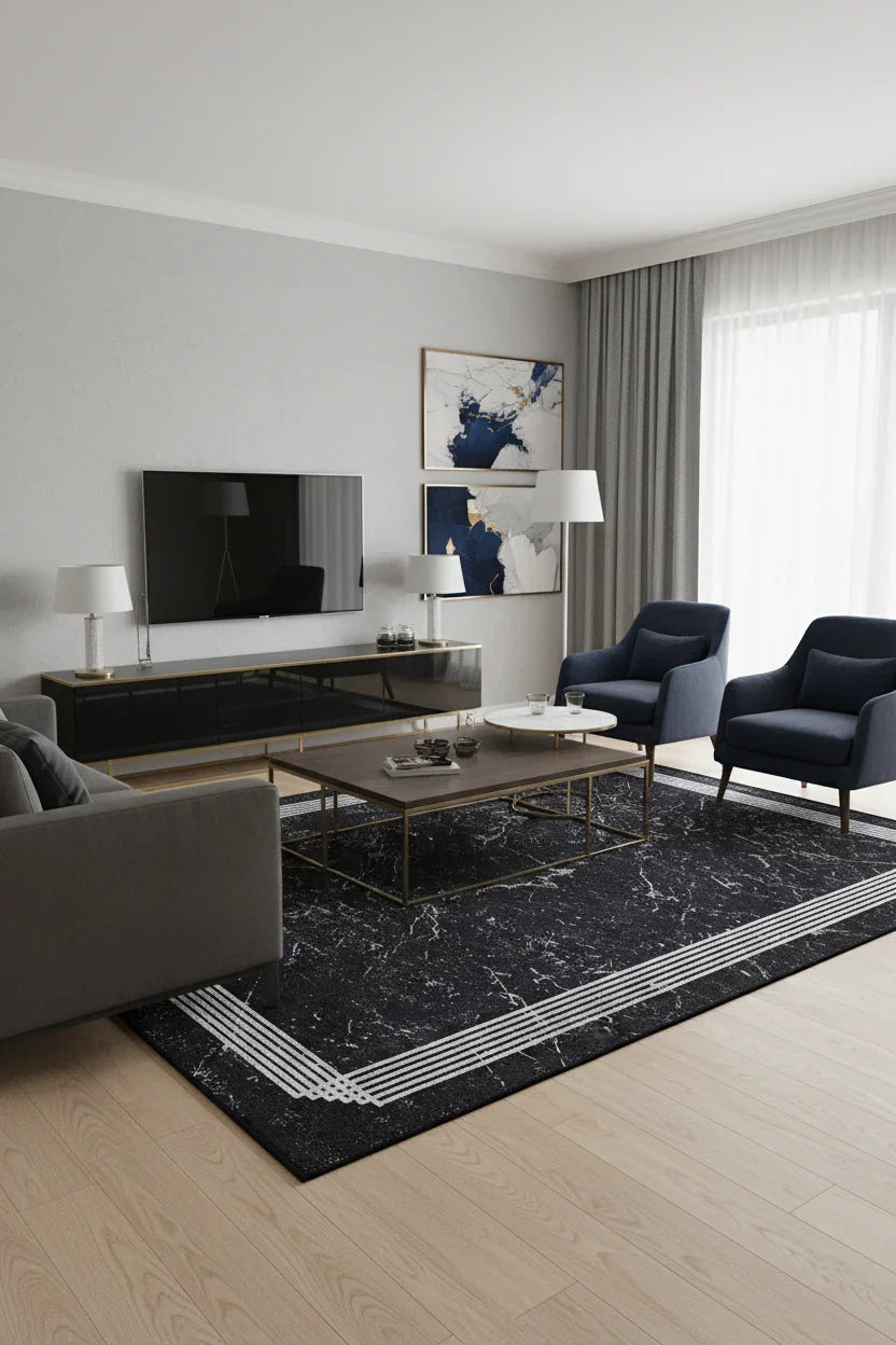 Mermer Desenli Modern Siyah Halı