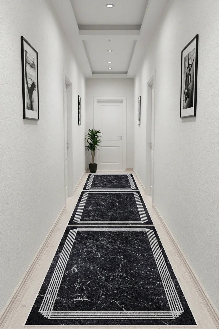 Mermer Desenli Modern Siyah Halı