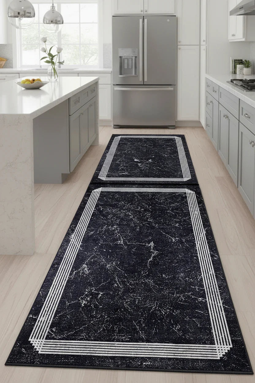 Mermer Desenli Modern Siyah Halı