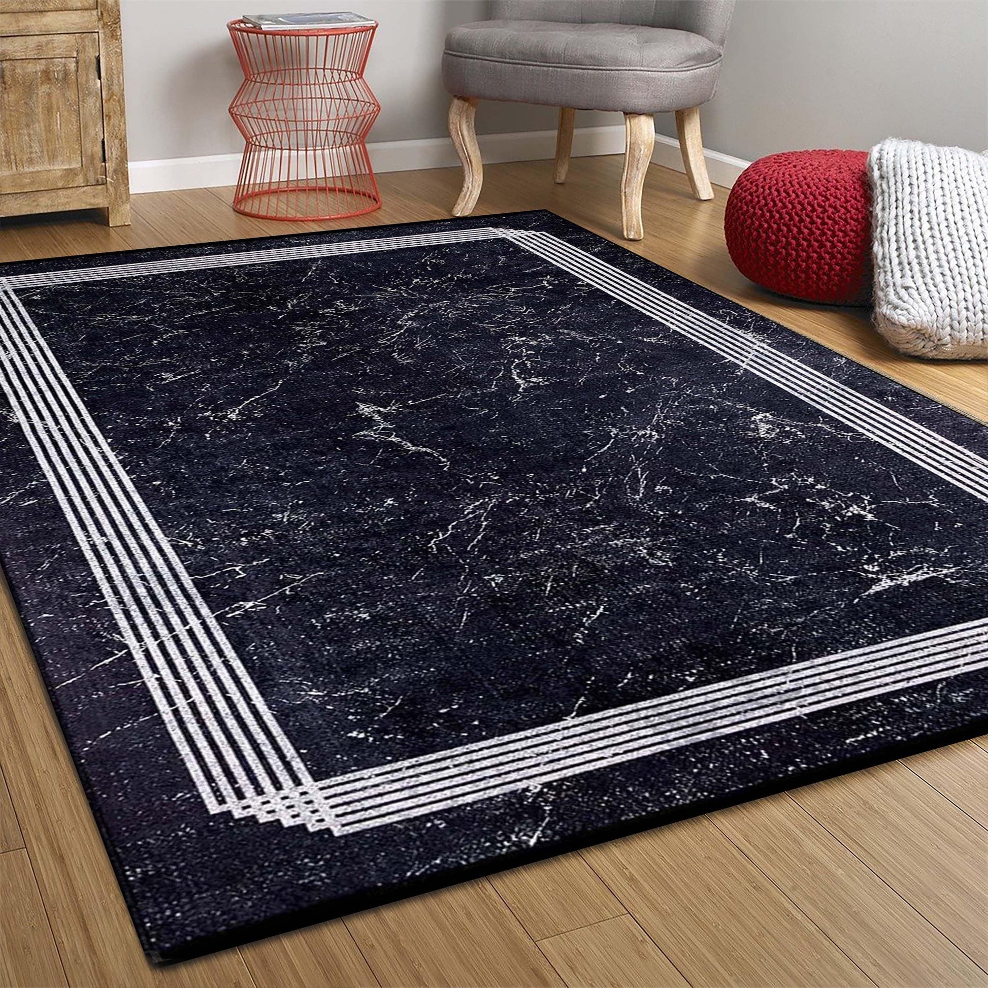 Mermer Desenli Modern Siyah Halı