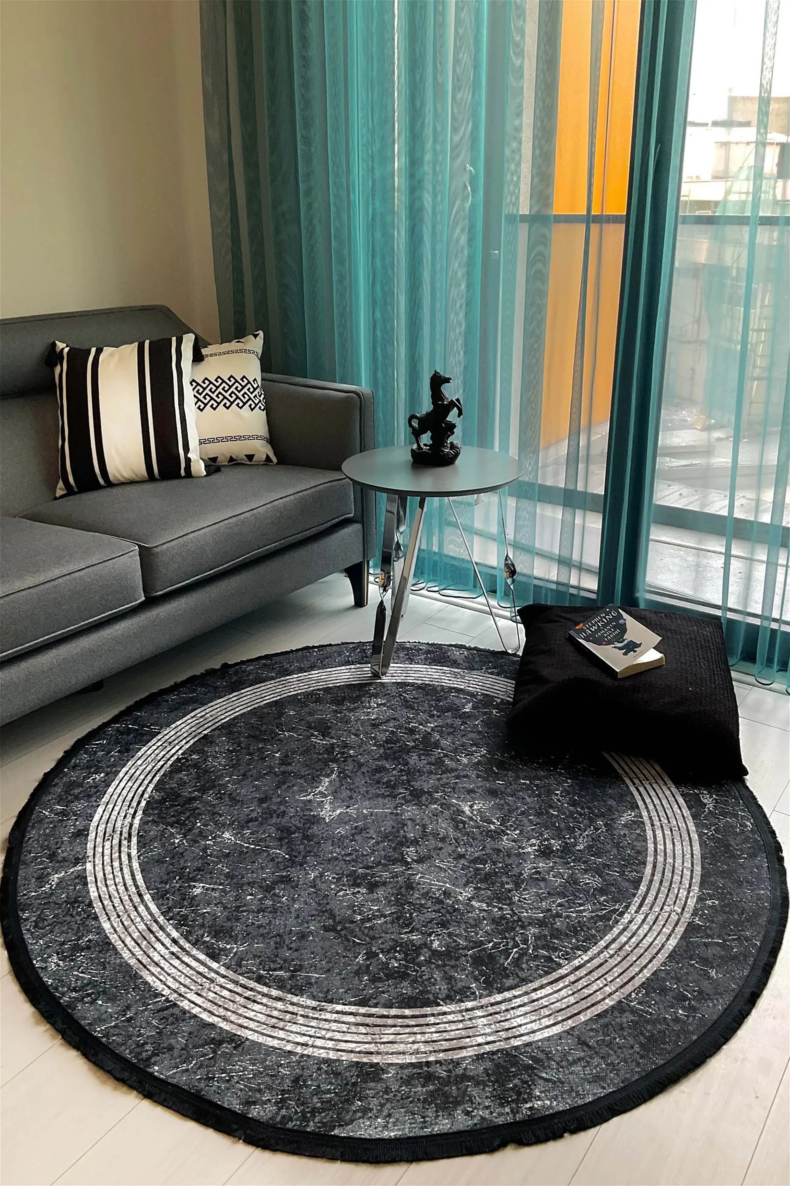 Mermer Desenli Modern Siyah Halı