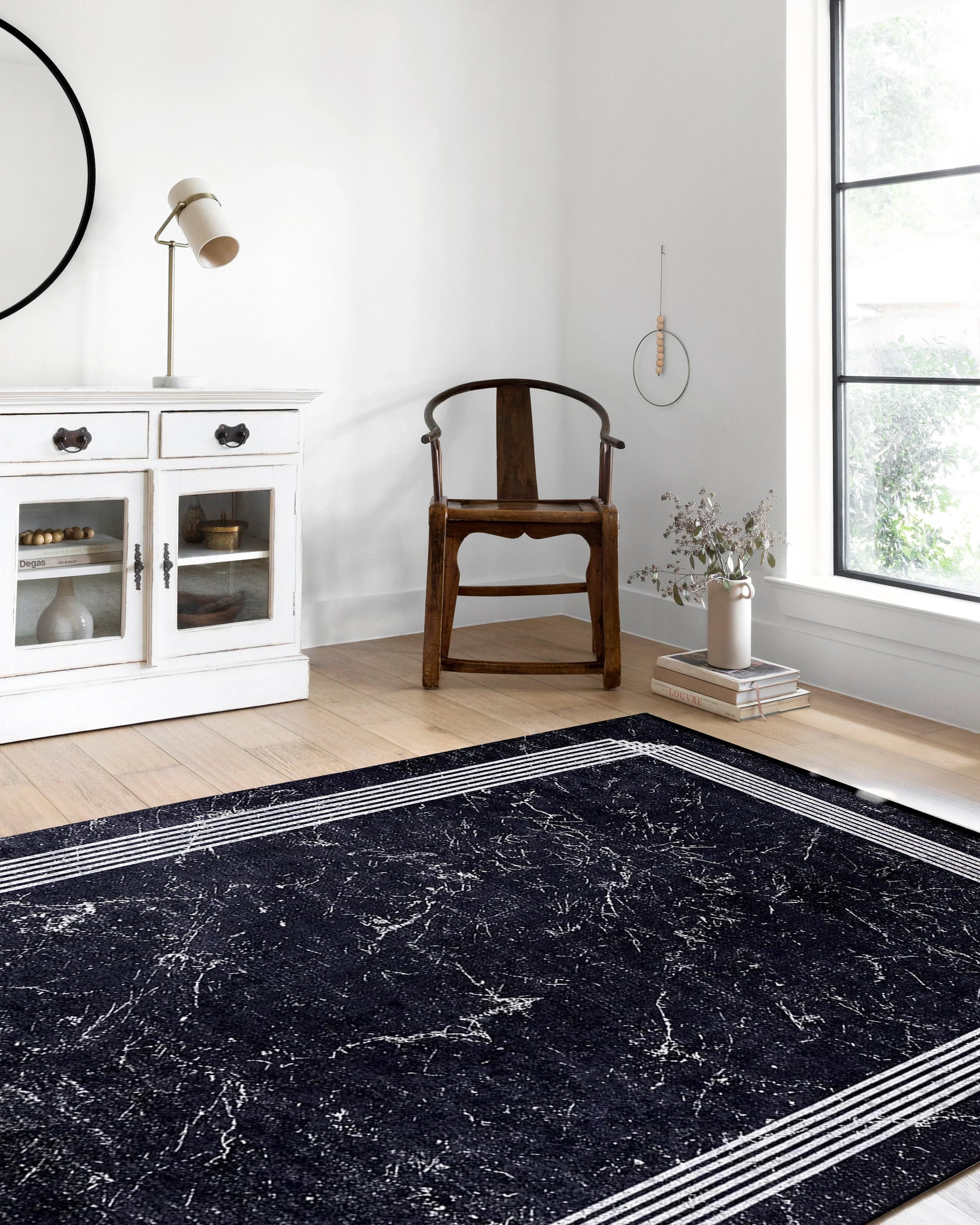 Mermer Desenli Modern Siyah Halı