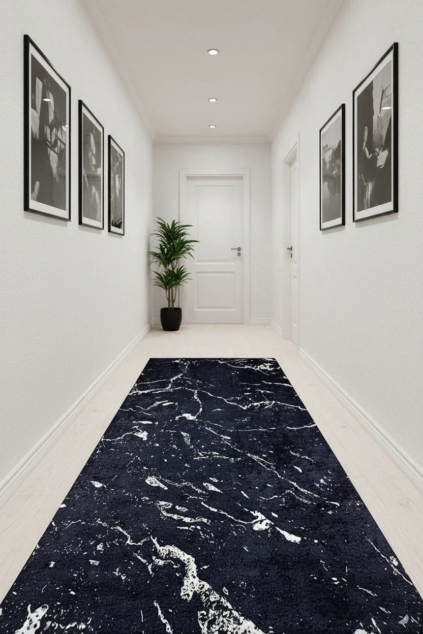 Mermer Desenli Siyah Halı