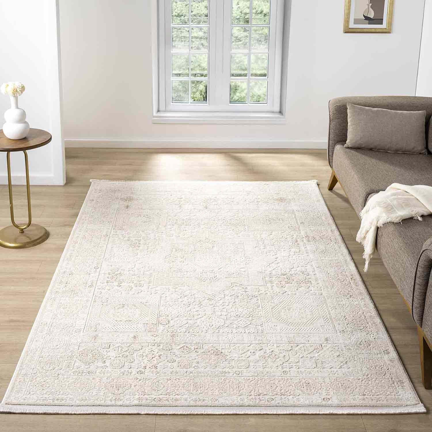 Minimal Krem Bej Eskitme Desenli Halı