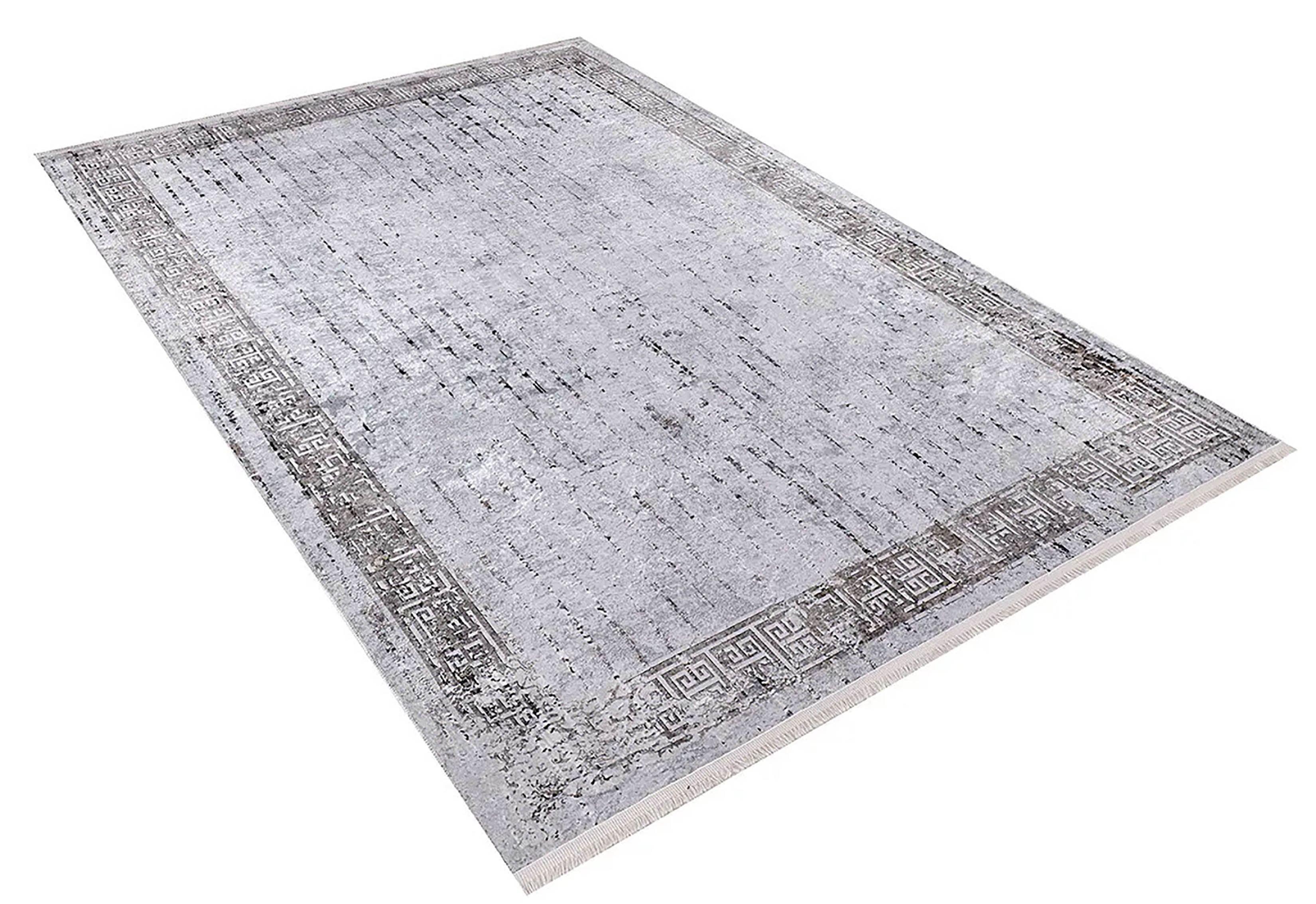 Minimalist Açık Gri Eskitme Bej Yunan Anahtar Bordürlü Halı