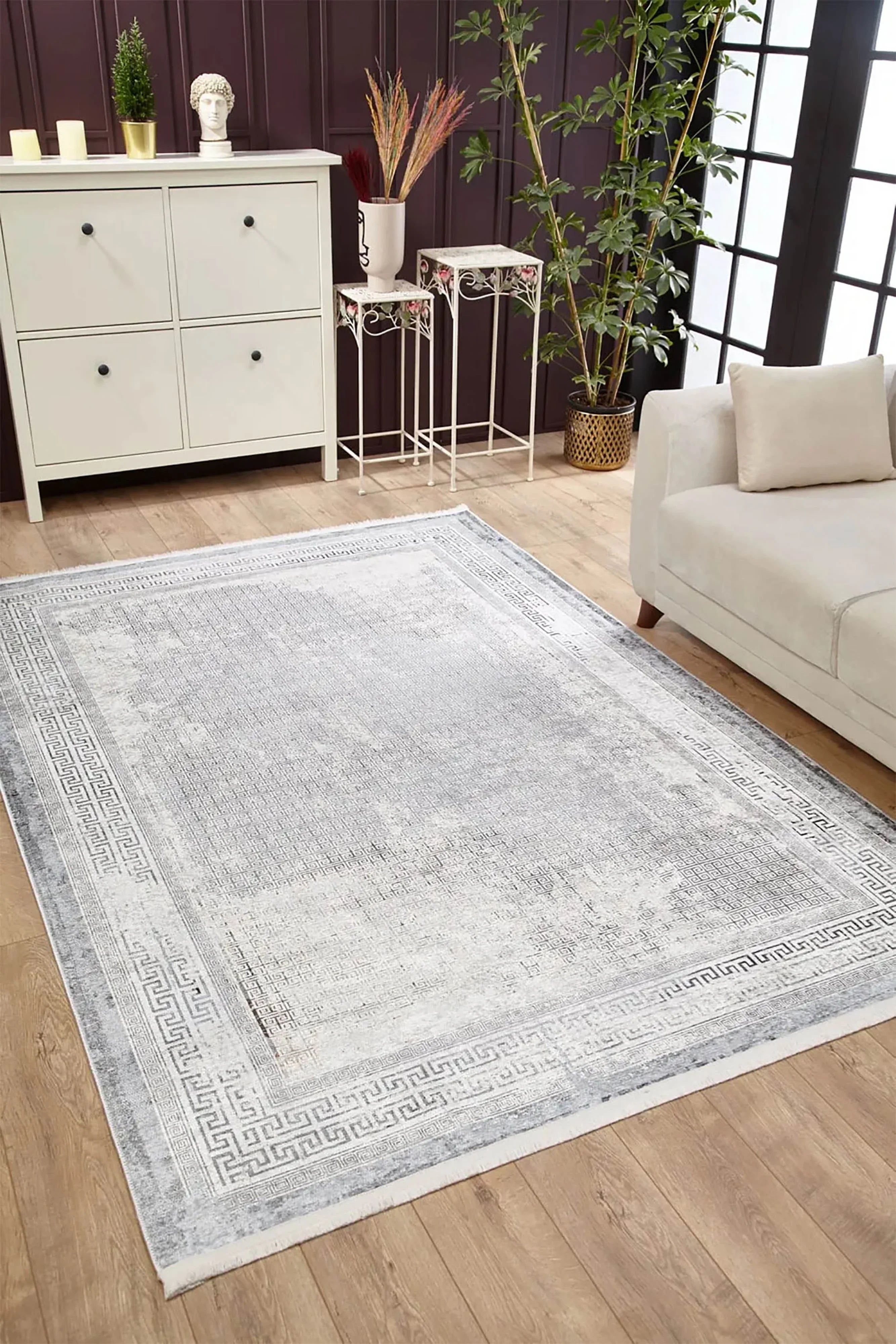 Minimalist Beyaz Gri Modern Bordürlü Halı